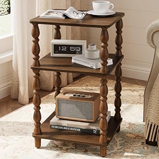 Yoobure Small Side Table - Walnut End Tables Living Room with Spindle Legs | Vintage Night Stand with 3-Tier Storage Shelf, Wood Nightstand for Bedroom, Bedside