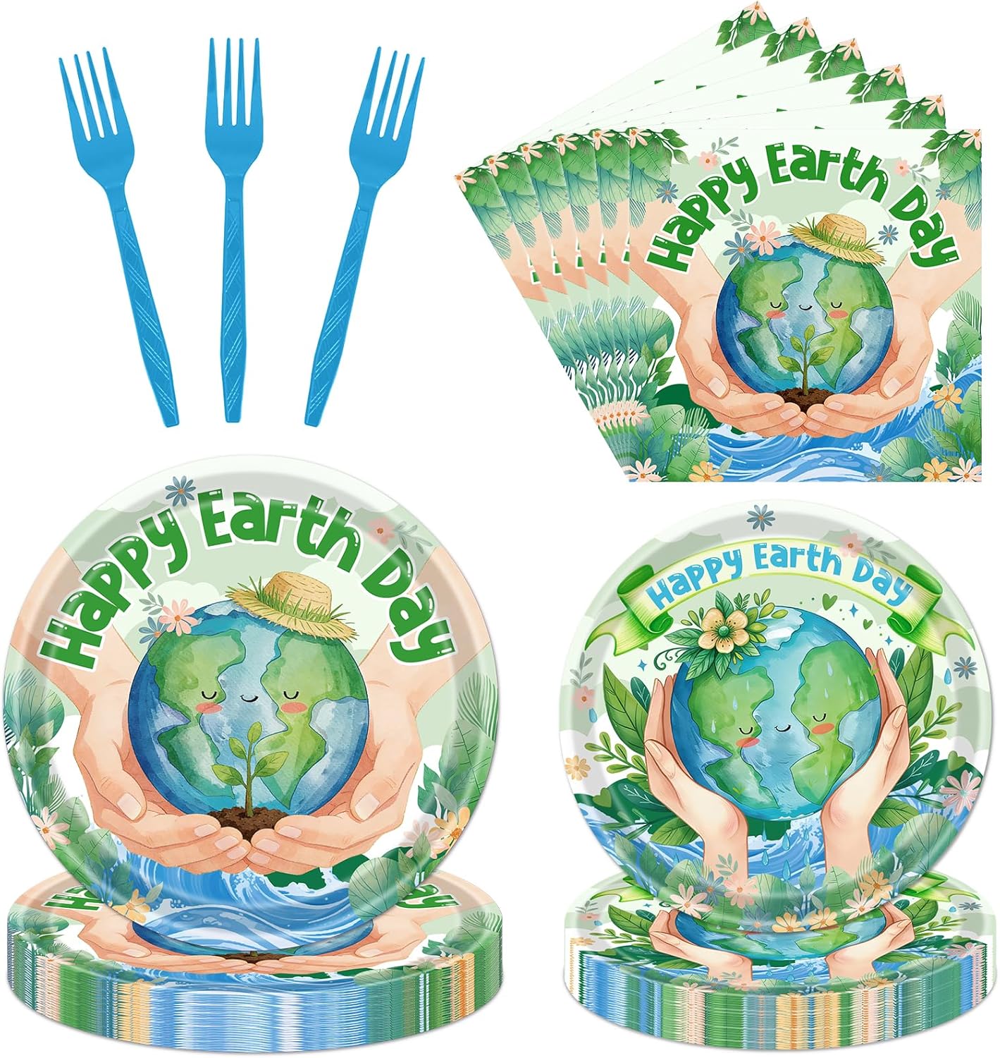 Rakuto Happy Earth Day Decorations, 96PCS Earth Day Paper Plates and Napkins Forks Party Decoration, Environmental Protection Themed Decor Supplies Serve for 24