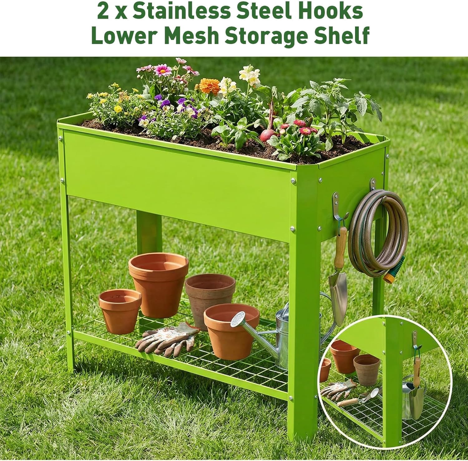 Elevated Raised Garden Bed with Legs, 31.7 x 13.9 x 31.8 in Metal Planter Box, 7.9 in Soil Depth, Heavy-Duty Steel Frame, Drainage Design, 2 Hooks, Green