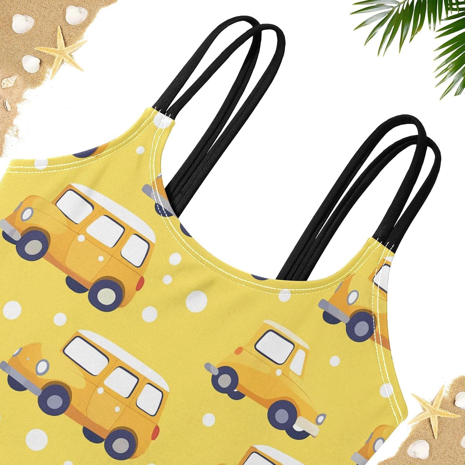 visesunny Girls Two Piece Swimsuits Yellow Car Polka Dots Girl's Bikini Sets Bathing Suits for Girls Size 5-12Y
