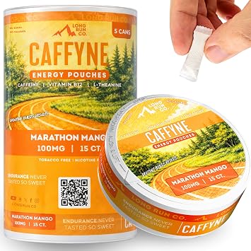 CAFFYNE Energy Pouches by Long Run Co. All Natural Caffeine + B-Vitamins + L-Theanine | Sugar-Free & 0 Calories | 100mg of Caffeine in Each Pouch Pack of 1, Marathon Mango