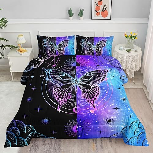Datura home - Juego de edredón de mariposa azul y negro para niñas y mujeres, juego de ropa de cama bohemio con estampado de mandala de mariposa,