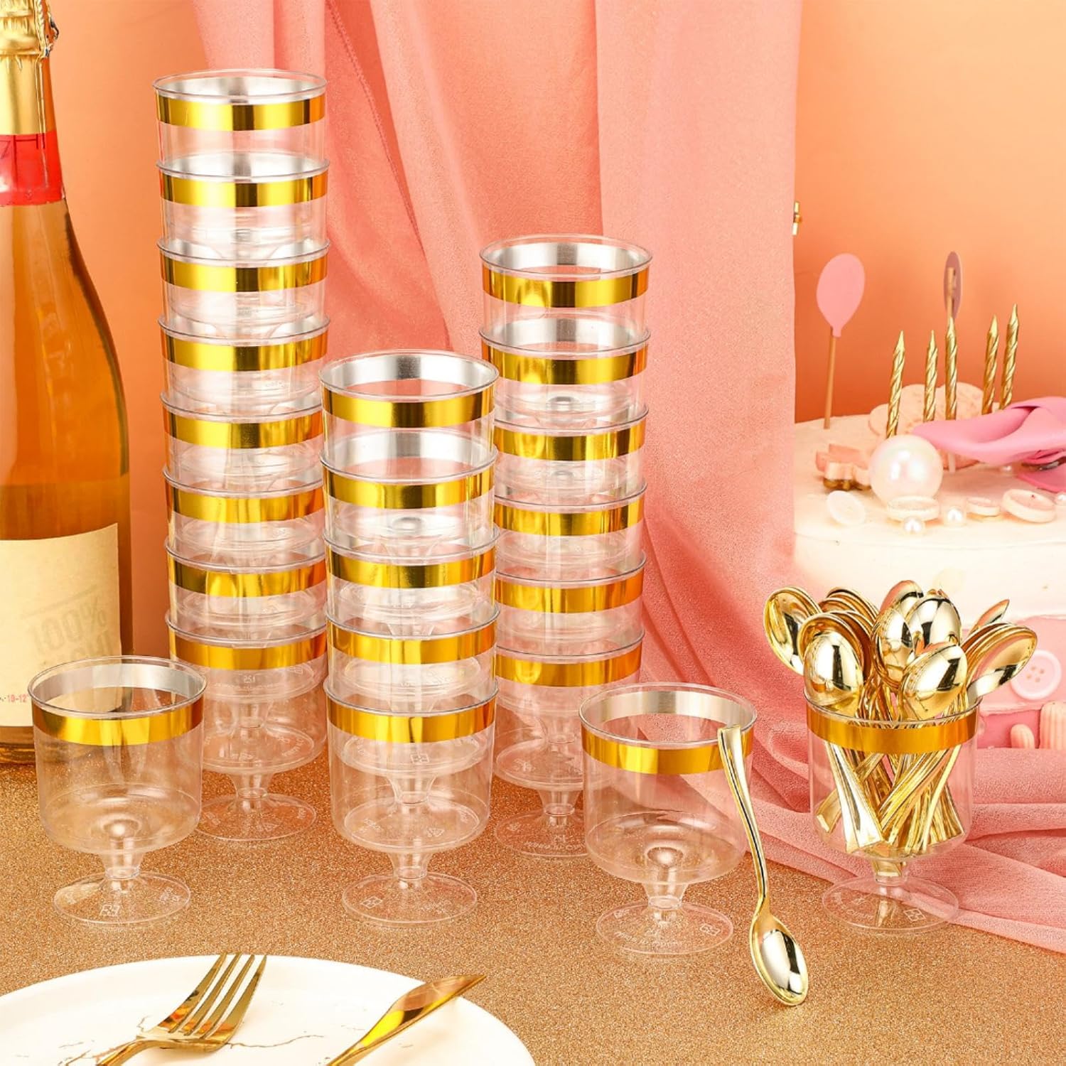 Yinder 200 Pcs Mini Dessert Cups with Spoons Include 100 Disposable Plastic Mousse Cups 100 Tasting Spoons Clear Plastic Parfait Glasses Dessert Bowls for Wedding Party(5 Oz,Gold)