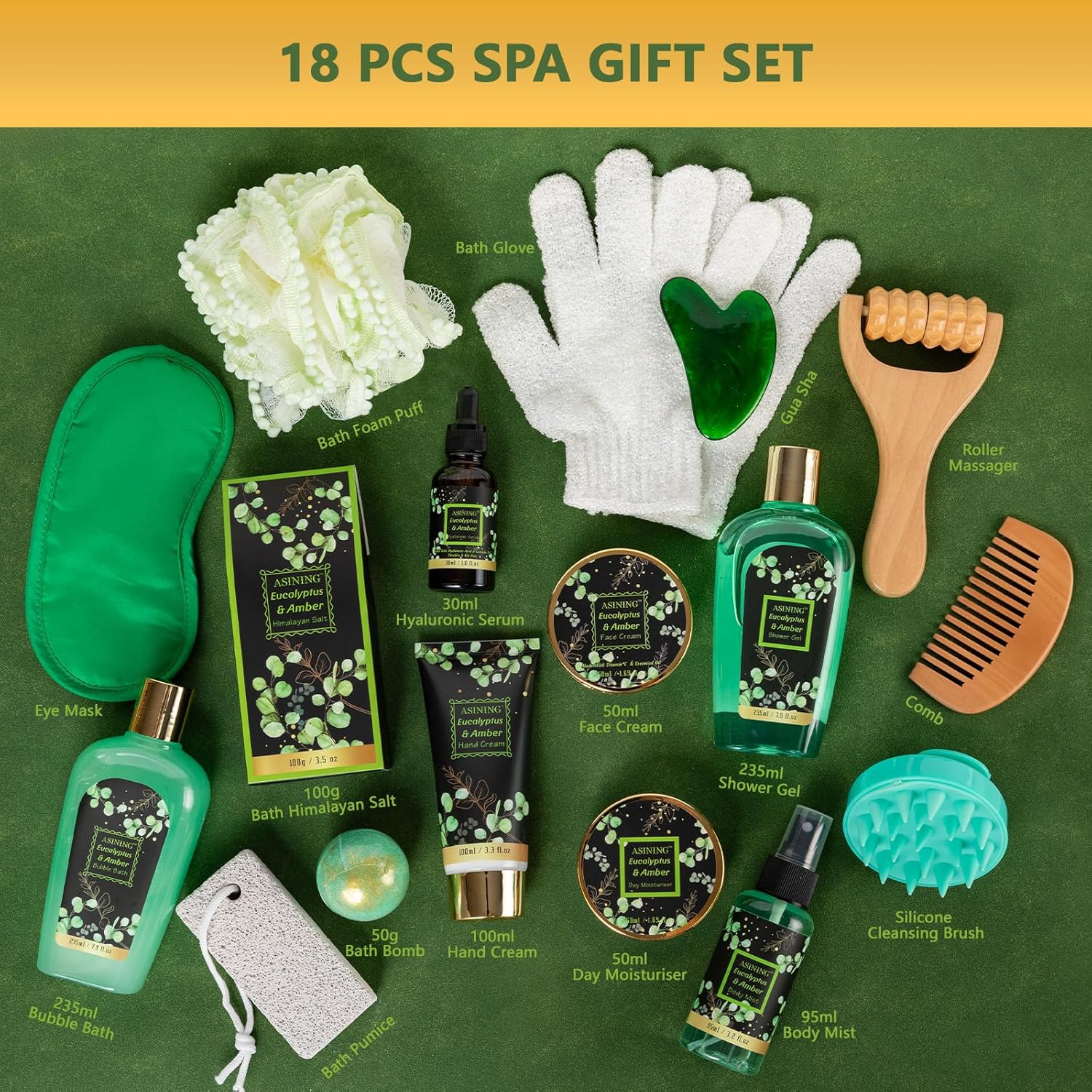 Home Spa Gift Basket, Bath Spa Kit for Women & Men, Bath & Shower Spa Gift Basket Set with Body Lotion, Shower Gel, Bubble Bath, Bath Bomb, Bath Gift Set for Mother, Wife Her, Eucalyptus & Amber Scent - Image 2