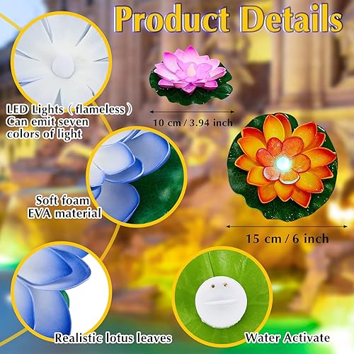 Miniatura 3 de Paquete de 9 luces flotantes para piscina, farol de flor de loto, de espuma artificial, luces LED realistas para piscina, farol de piscina,