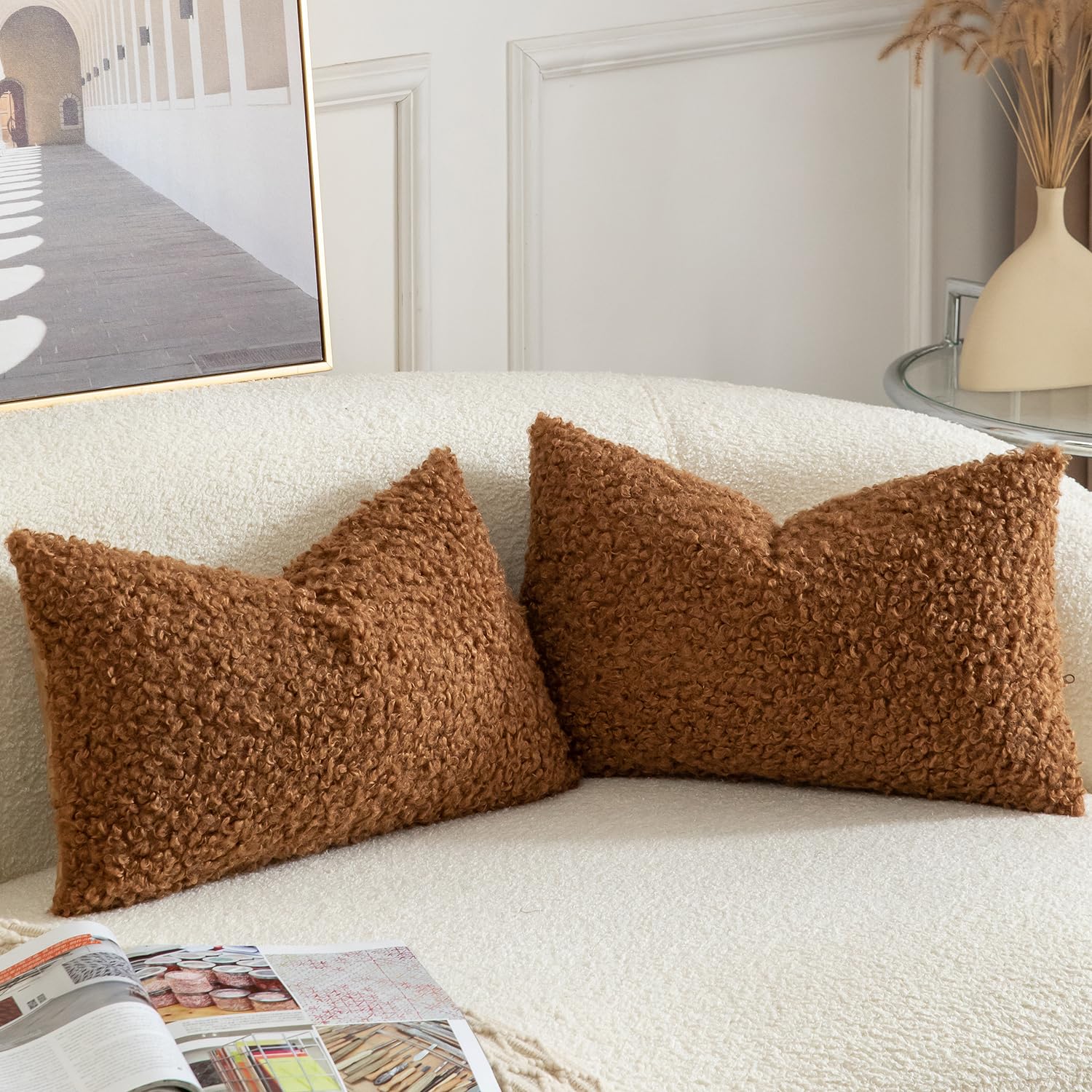 YAERTUN Pack of 2 Faux Fur Cushion Covers Decorative Sherpa Boucle Throw Pillow Covers Fuzzy Soft Sheepskin Fleece Pillowcases for Couch Sofa Bed Living Room 12x20 Inch 30x50cm Brown - Image 2