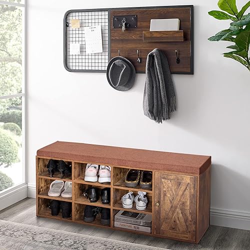 Miniatura 9 de PHI VILLA Banco de almacenamiento de zapatos con cojín de asiento, zapatero organizador de zapatos para entrada, sala de estar, marrón rústico