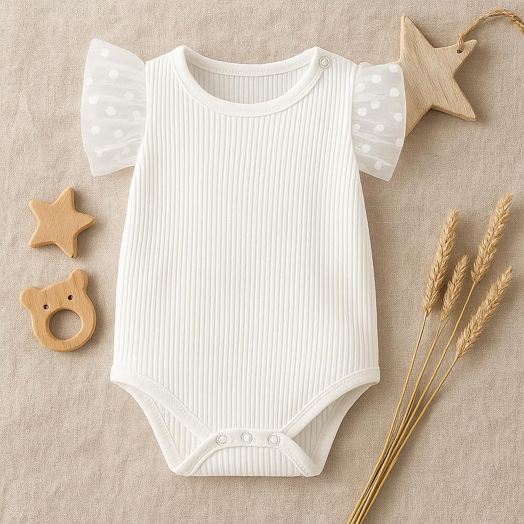 ROMPERINBOX Baby Girl Onsies Polka Dot Mesh Puff Sleeve Rib-Knit Short Sleeve Round Neck Bodysuit for 0-24 Months - Image 2
