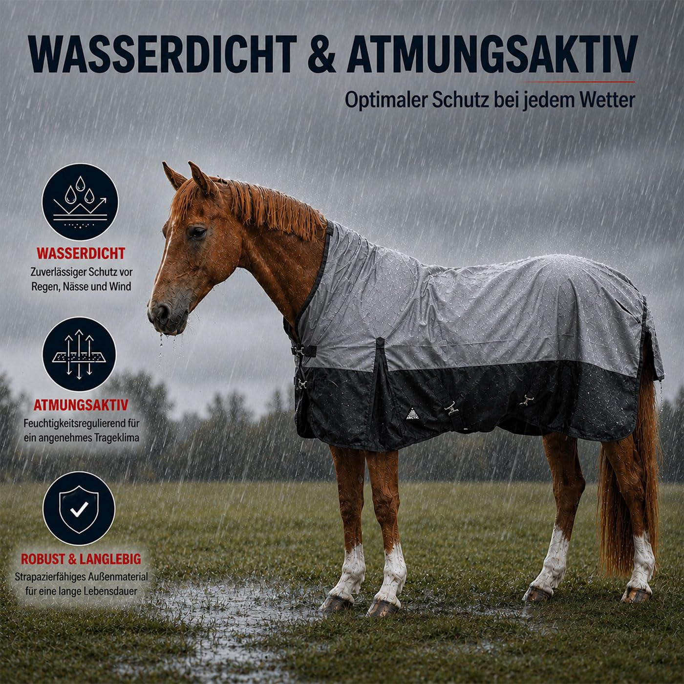 Brama-West Winterdecke Arctic Pferdedecke Turnout 1200D High Neck 150 GMS - Grau/Schwarz - Gr. 145