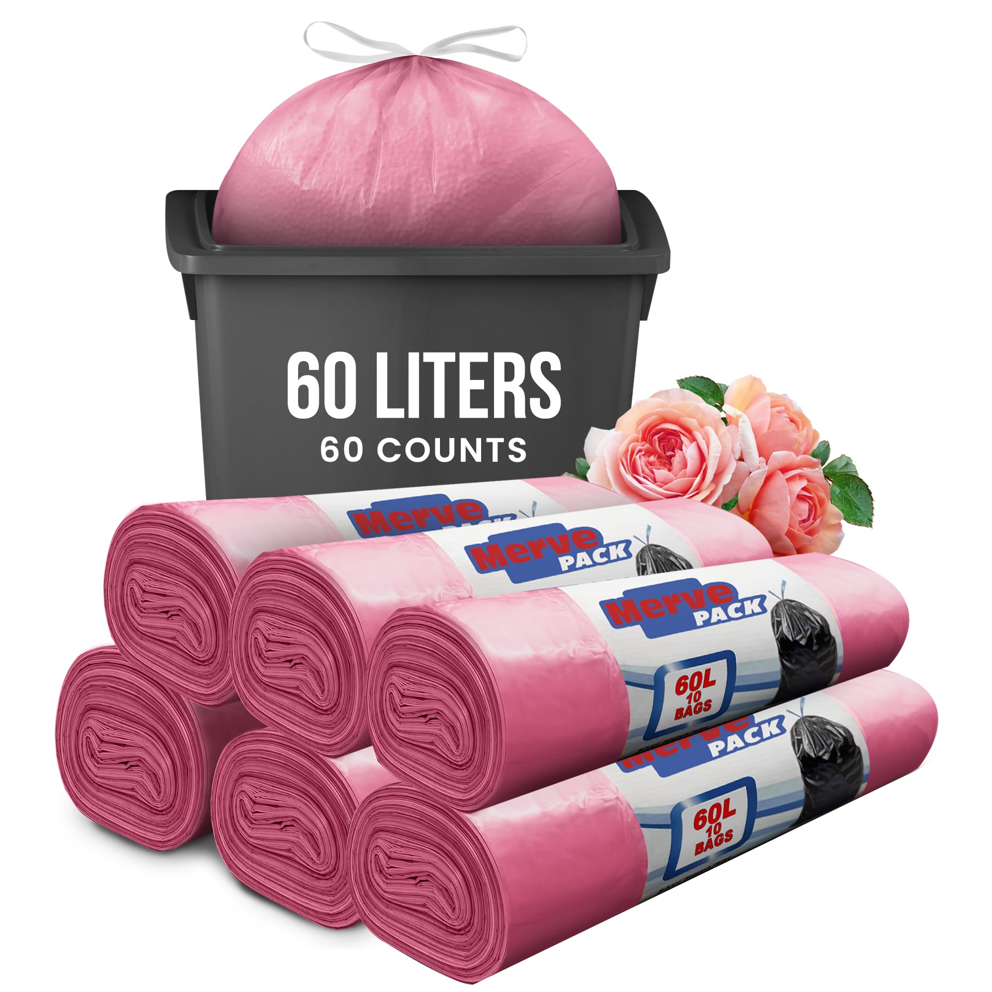 Merve Pack Pink 60L Rose Scented Bin Bags, Waste Bags, Set 6 Rolls Counts 60 Bags, Swing Bin Liners With Drawstrings Trash Bags For Indoor And Outdoor Use, Office, And Kicthen Bin Liners