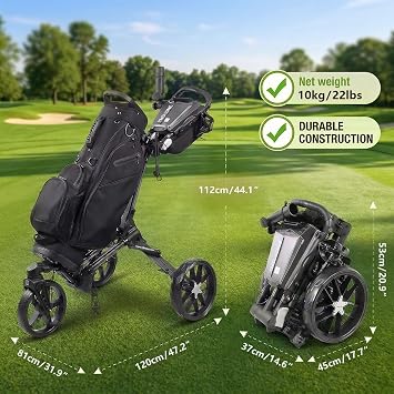 3 Wheel Golf Trolley with 360° Swivel Wheel: Foldable Design, Integrated Storage, Adjustable Handle, Holders for Phone/GPS/Scorecard/Bottle/Umbrella. Compact for Easy Storage and Transport