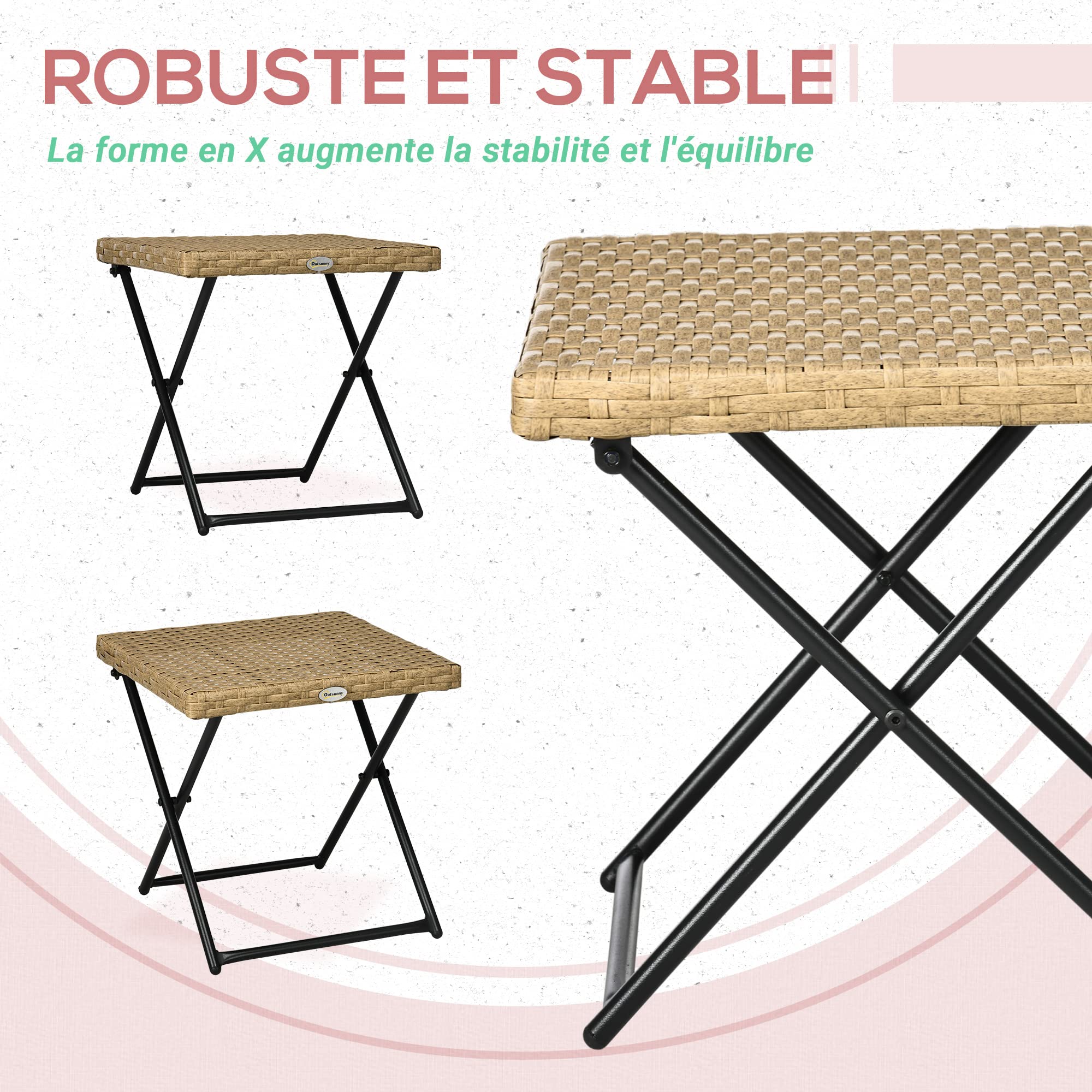 Outsunny Table Basse Pliable de Jardin Acier Résine Tressée Imitation Rotin 40x40x40 cm