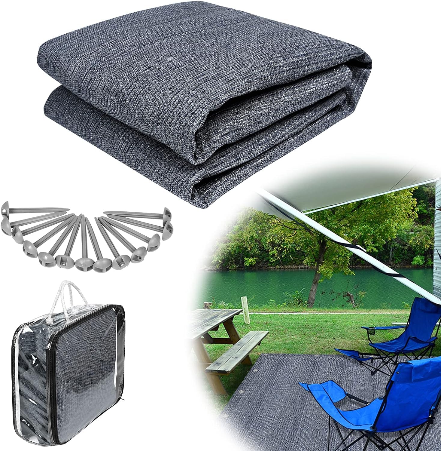 Suelo de tienda de campaña, alfombra de camping para exteriores, HDPE con estacas, suelo de toldo, incluye bolsa de transporte