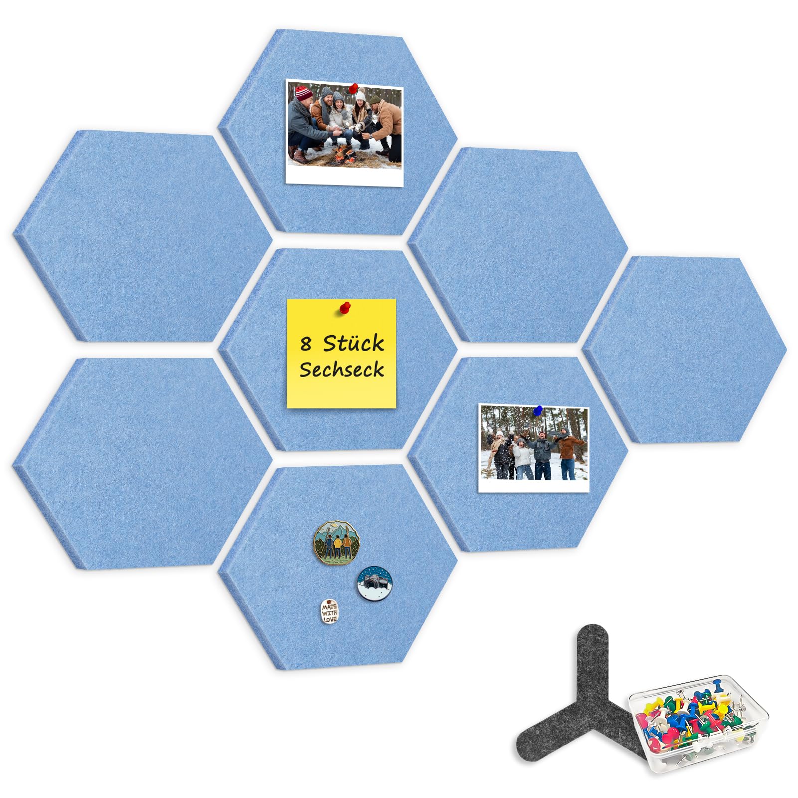CUHIOY 8 Stück Filz Pinnwand Selbstklebend, 12mm Sechseckige Pinnwand Filz mit 80 Pinnnadeln, Memotafeln Foto Hängen Bulletin Board, Dekorative Filzplatte für kinderzimmer Büro Küche,Himmelblau
