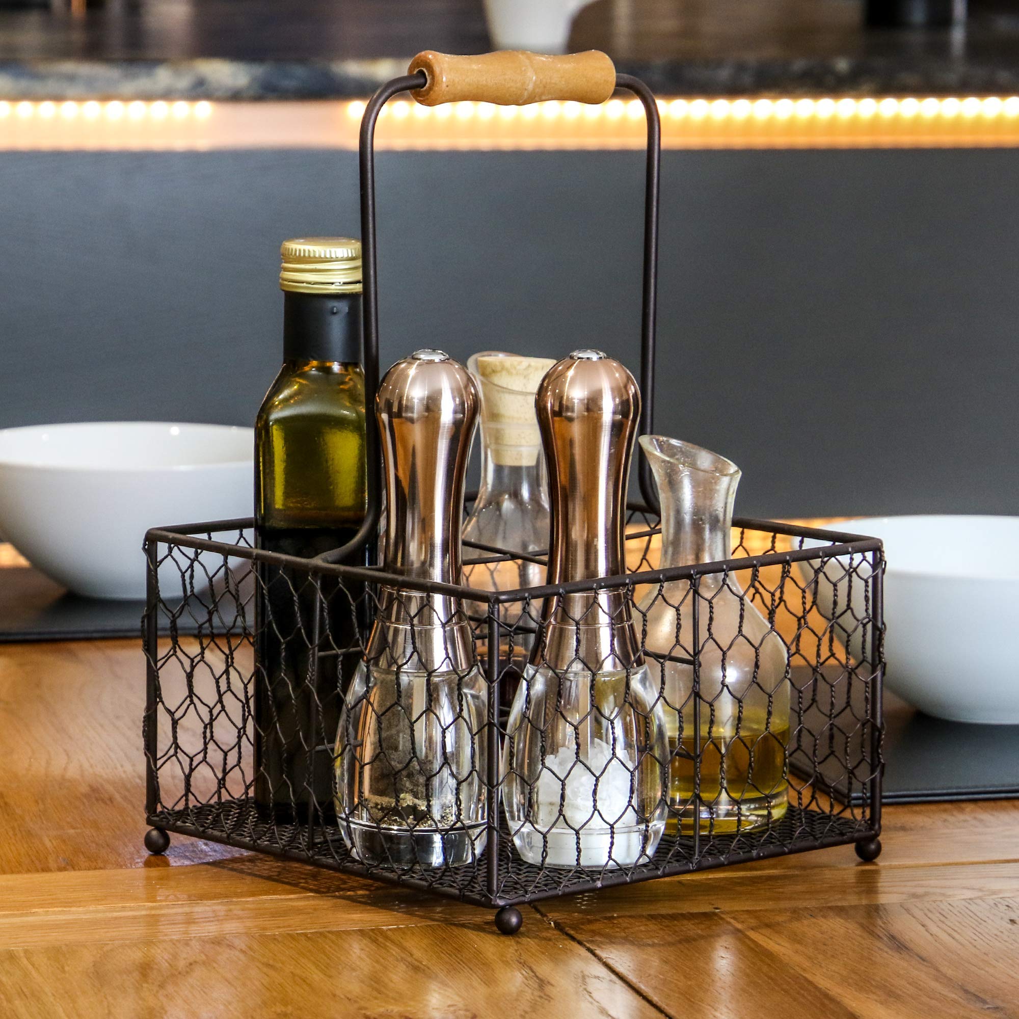 Bottle Holder Milk Crate Wine Carrier with Wooden Handle Wire  Condiment Caddy Dining Table Storage Basket Rustic Home Decor M&W