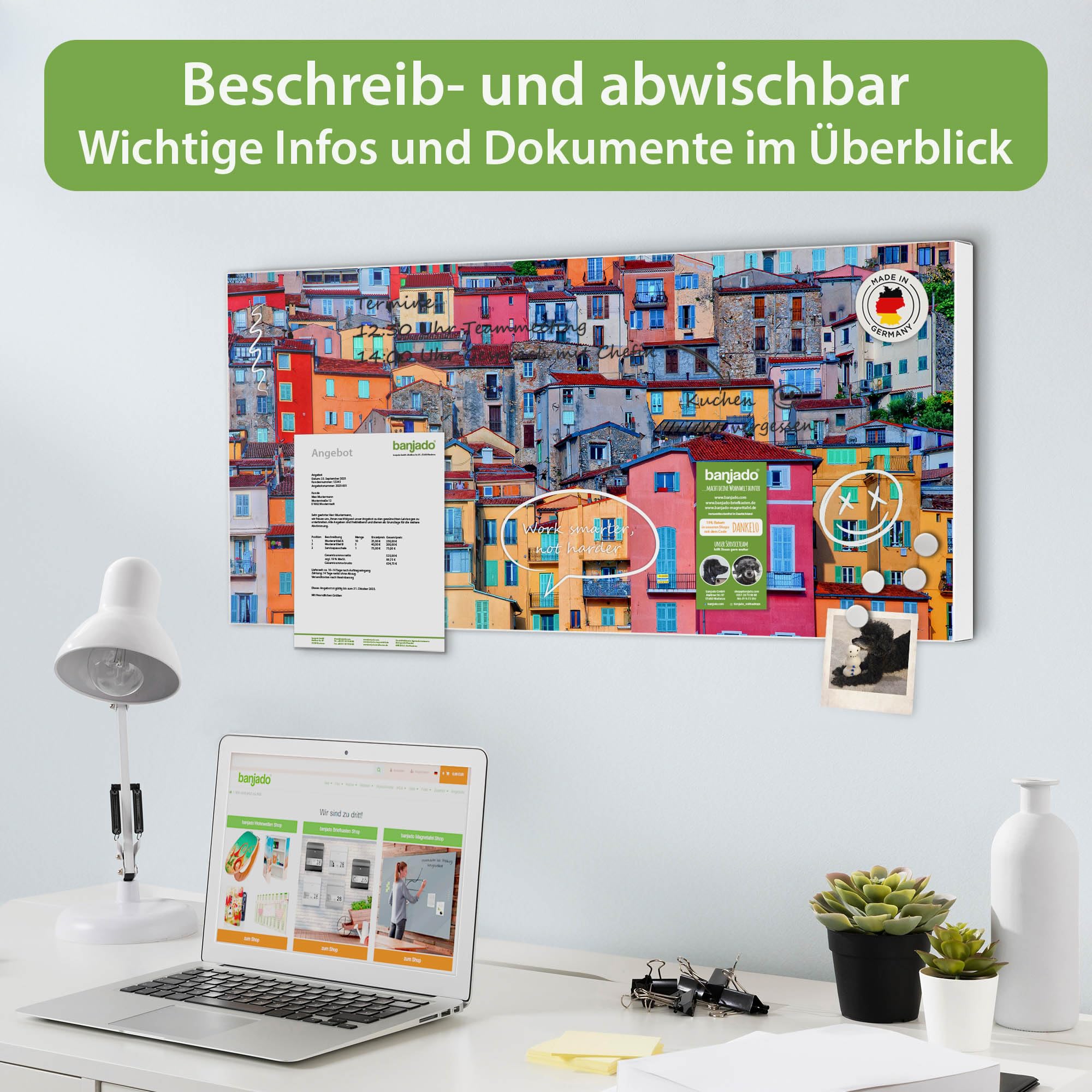 banjado Magnettafel Metall 78 x 37cm - beschreibbare Magnettafel - Metall Pinnwand als Memoboard - Magnetwand Küche, Büro, Kinderzimmer Weiß inkl. 4 Magnete & Montageset - Motiv Häuserberg