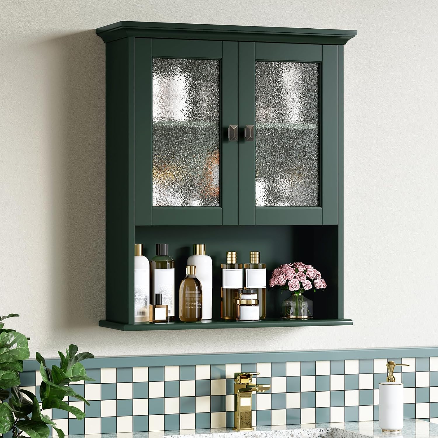 bathroom cabinet wall mount, medicine cabinet over toilet storage cabinet with glass door build-in spirit level cupboard hanging storage for bathroom laundry kitchen living room (forest green) (color may vary)