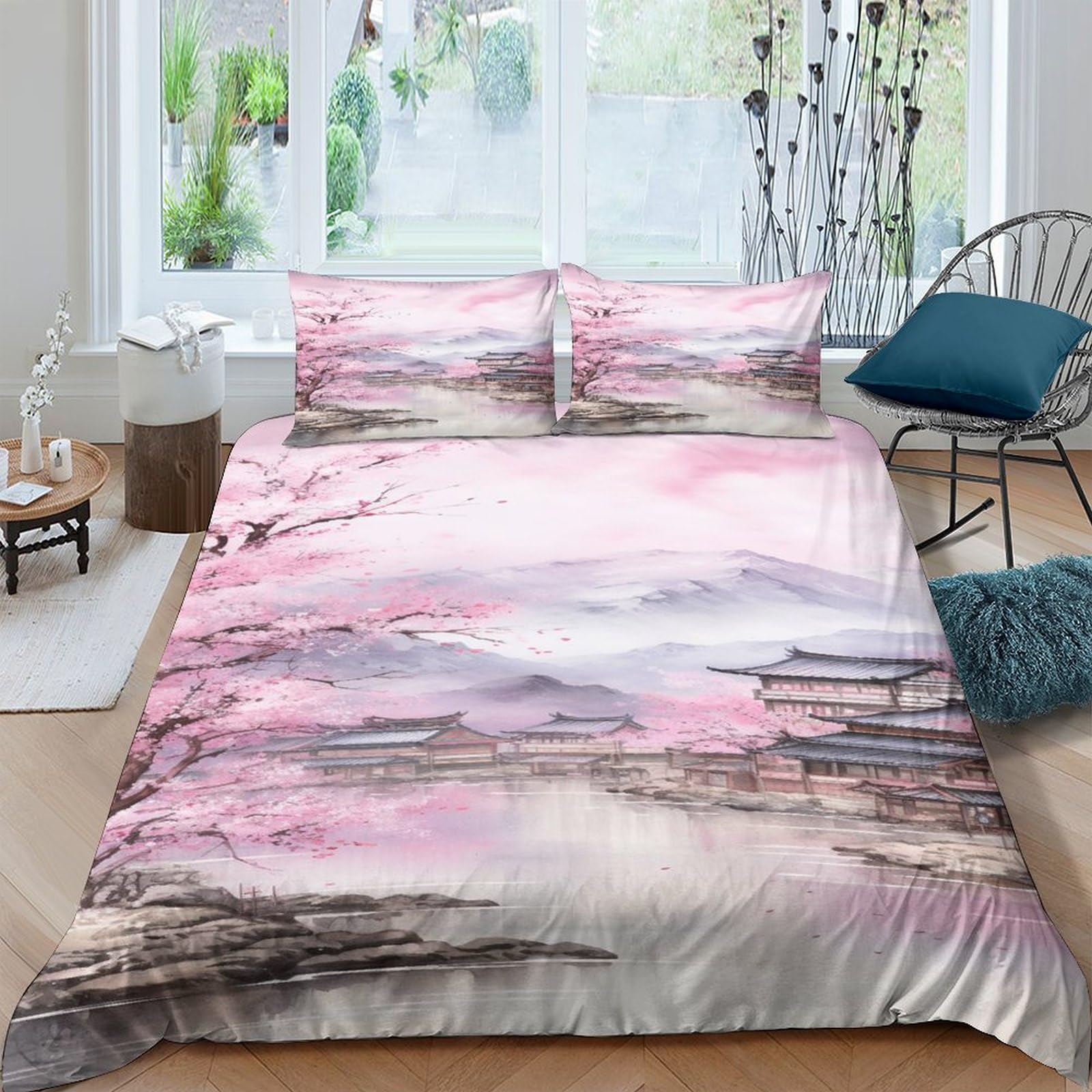 GAOYUCHUN Japanese Cherry Blossom Duvet Cover Set 3 PCS Hotel Quality Quilt Cover Bedding Bed Covers with Pillowcases with Zipper Closure Ultra Soft Anti Allergic Microfiber Double（200x200cm）