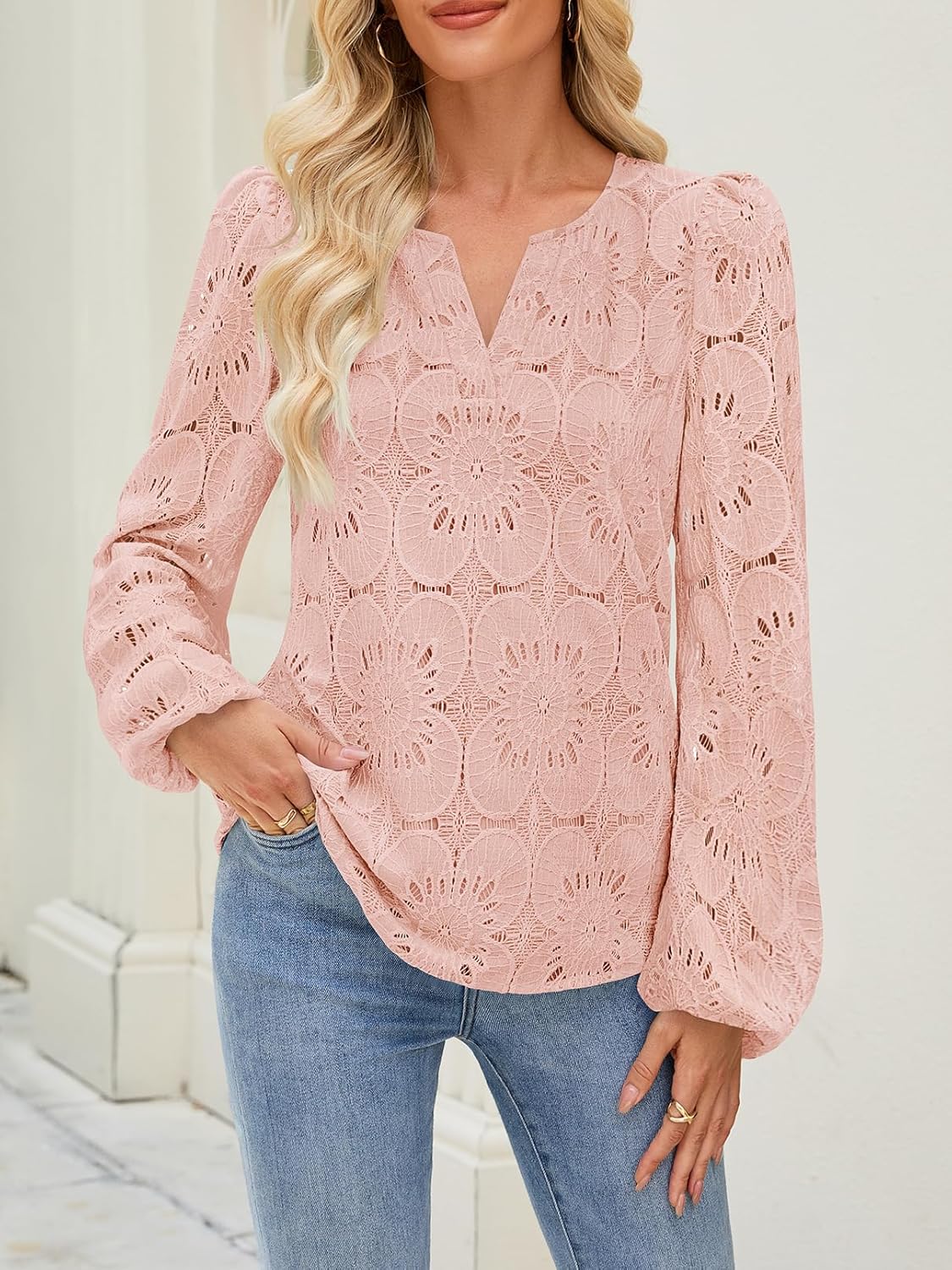 MEROKEETY Women's Eyelet Long Sleeve Shirts Tops Dressy Casual Fall Trendy Flower Lace Boho Crochet Blouses - Image 2