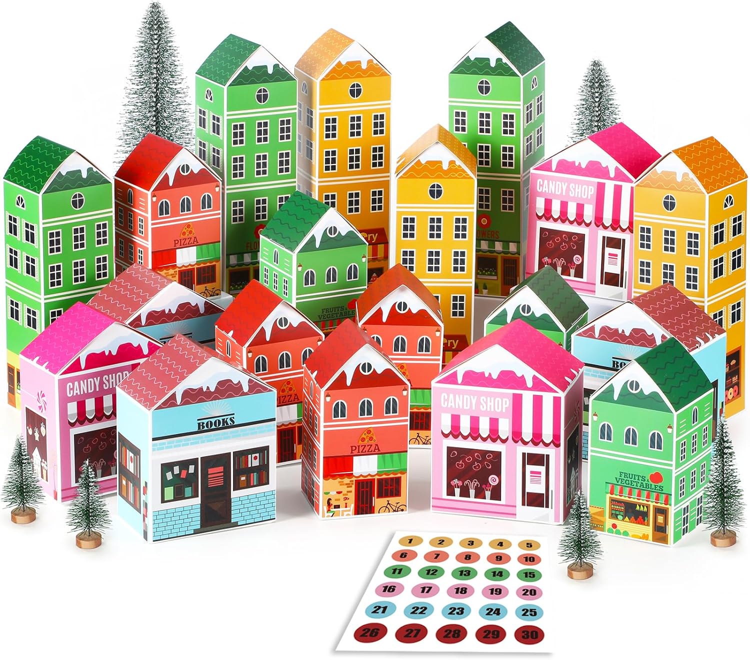 30 Pcs Christmas Advent Calendar Boxes DIY Christmas Village Advent Calendar Boxes Christmas Town Village Decorations for Fireplace Mantel Window Decor Shelve Winter Wonderland Decor