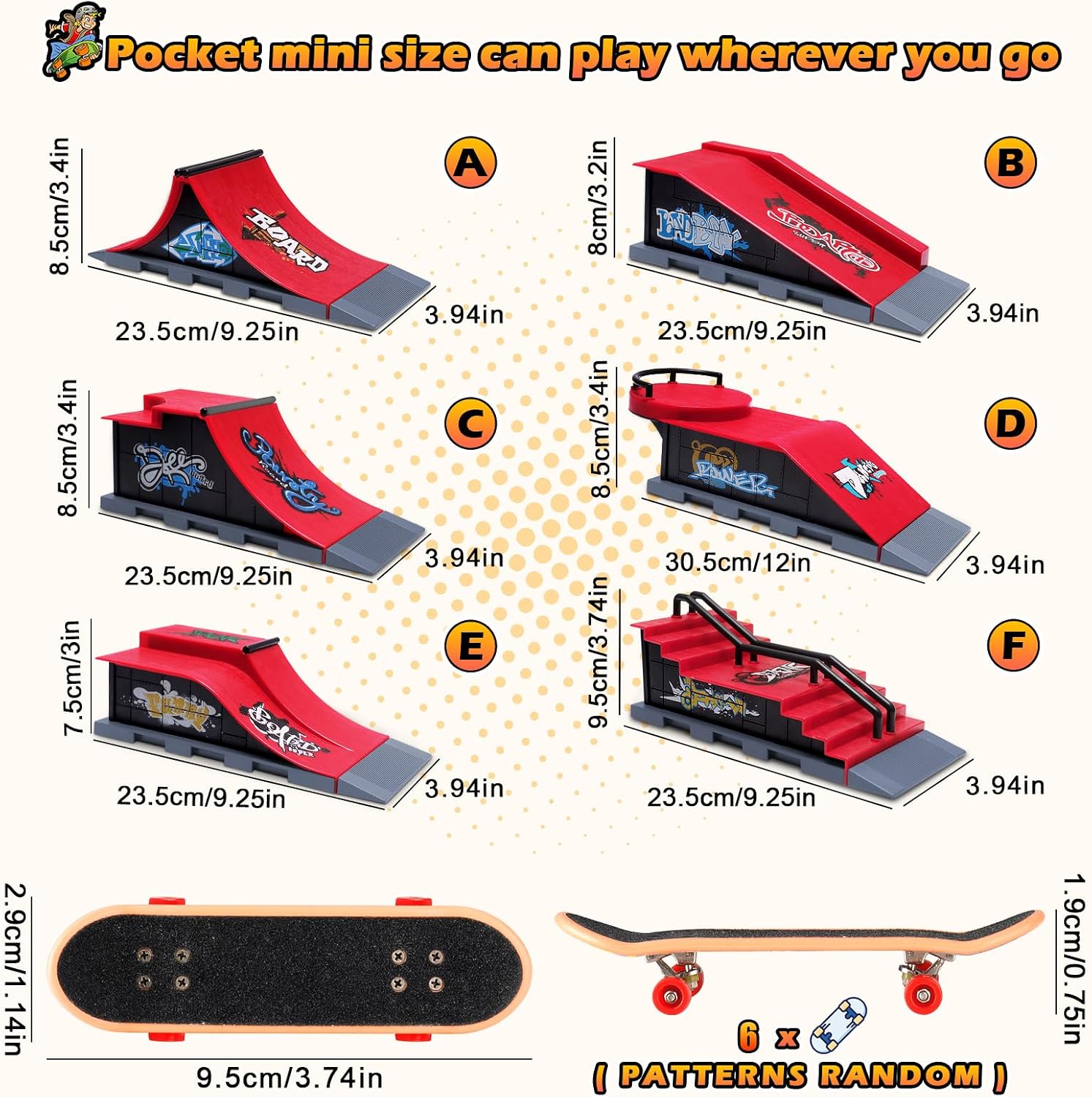 Finger Skateboard Ramps Set, 6 in 1 Fingerboard Skatepark Deck for Training Skate Park Kit with 6 Skateboards, 6 Fingerboard Ramps & Display Holder, Mini Finger Accessories Set Girls Boys Gifts