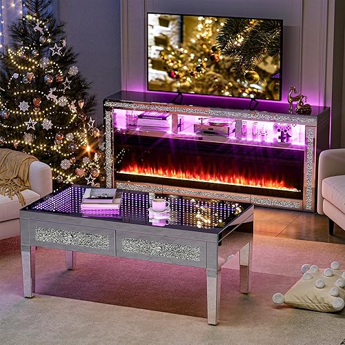 Miniatura 35 de IKIFLY Mesa de centro con espejo con 2 niveles, mesa de centro rectangular 2 en 1 con diamante triturado, mesa de sala de estar plateada con patas