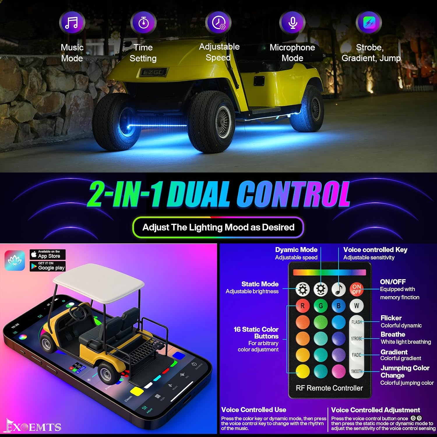 Golf Cart Underglow Light Strip Kit, 9-16V Input Underbody Light Kit for EZGO Club Car Yamaha (6PCS-Golf Cart Underglow Light Strip Kit)