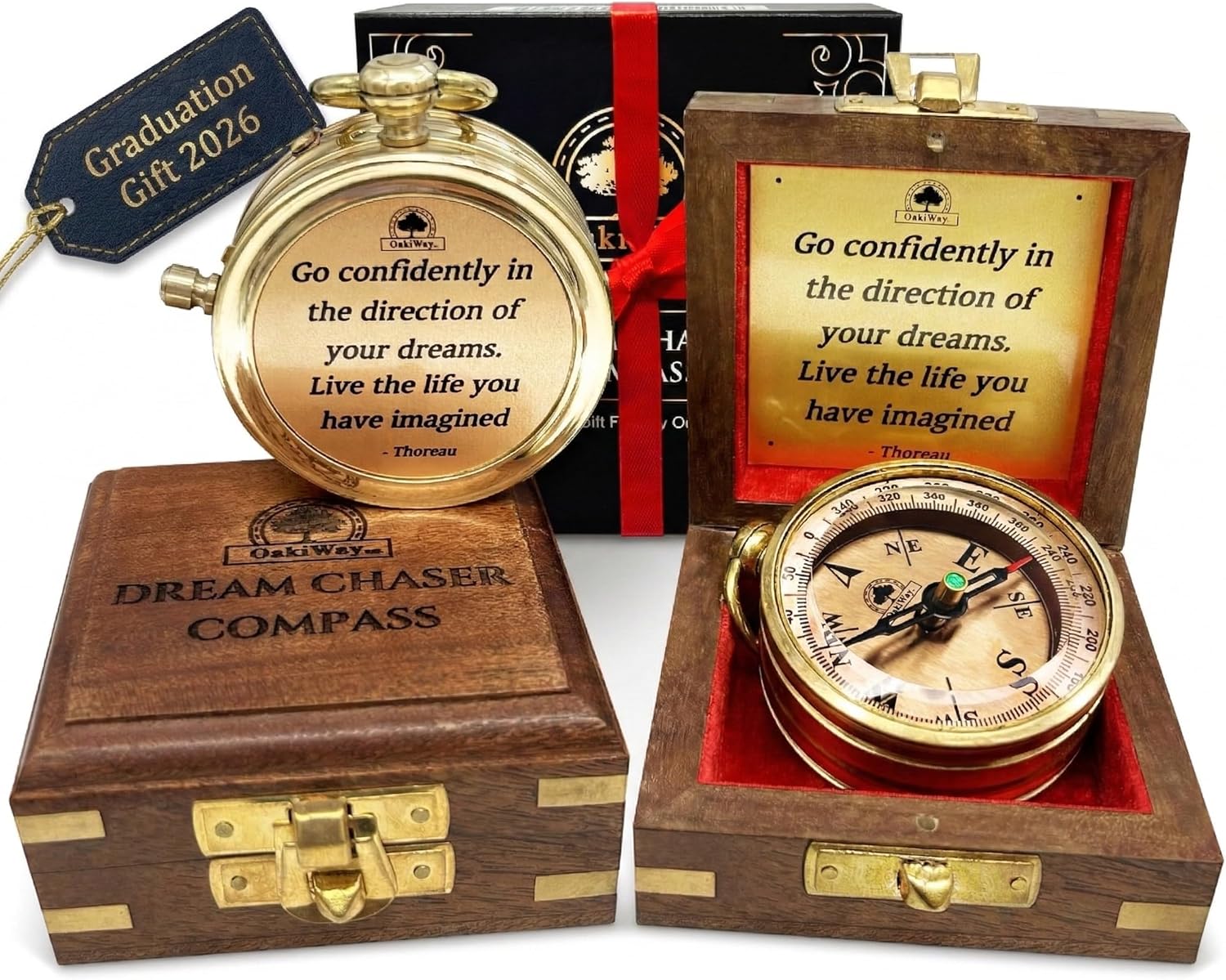 The Dream Chaser Compass, in Wooden Box - Go Confidently-2026 Graduation Gifts for Him, College, High School, Birthday Gift Idea for Son, Boys - Greeting Card Included, Motivational Present
