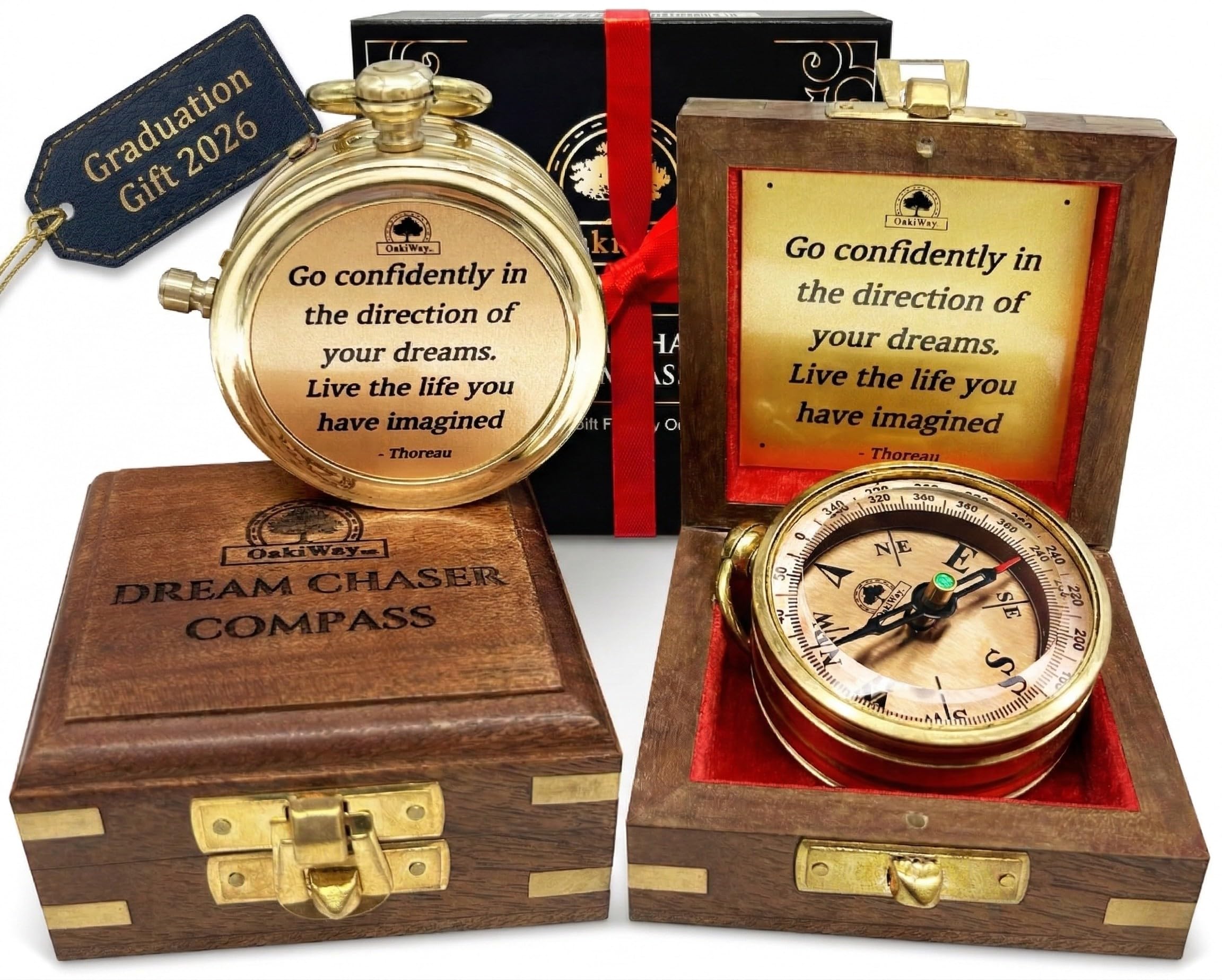 The Dream Chaser Compass, in Wooden Box - Go Confidently-2026 Graduation Gifts for Him, College, High School, Birthday Gift Idea for Son, Boys - Greeting Card Included, Motivational Present