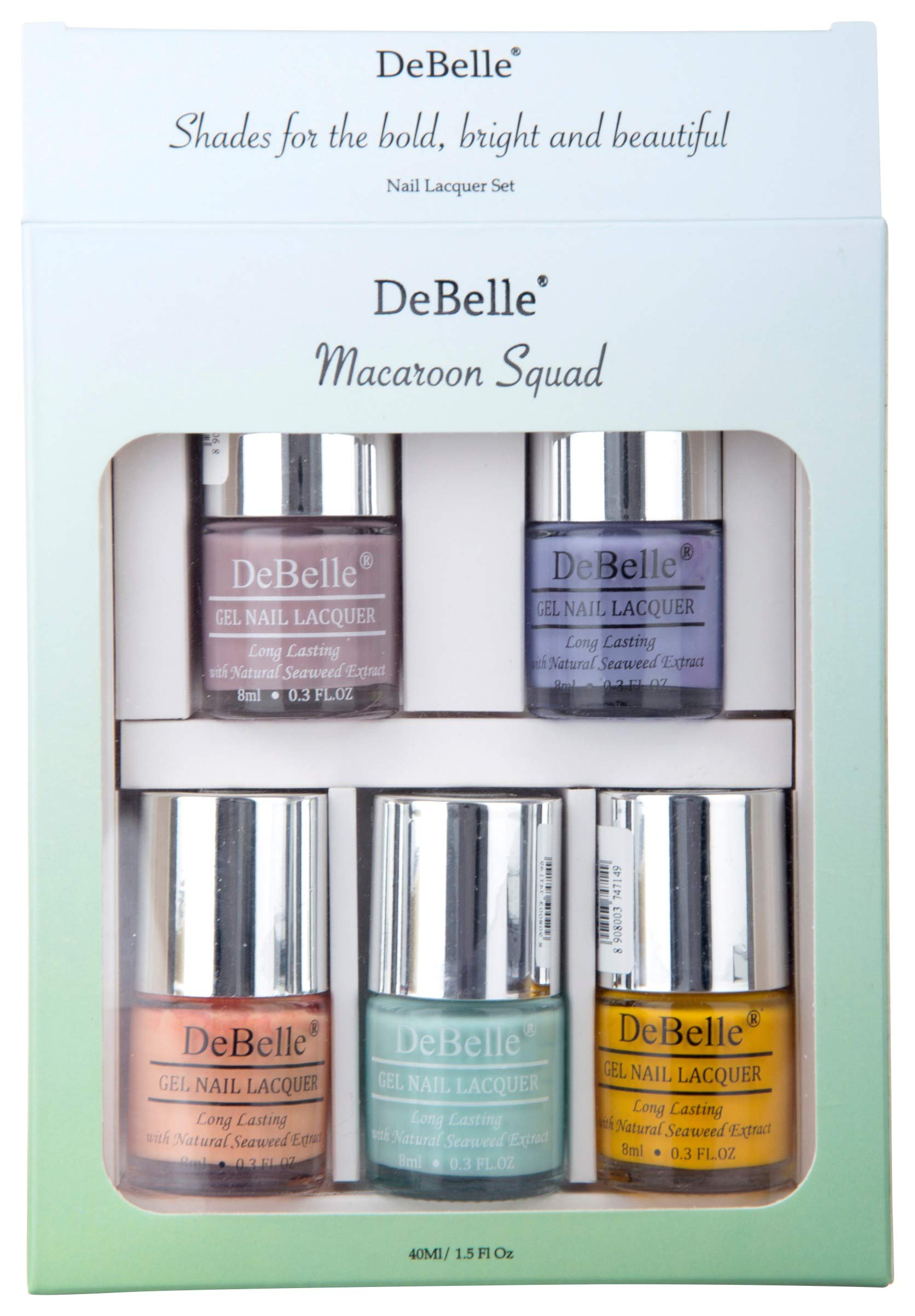 DeBelle Macaroon Squad Nail Polish gift set of 5, Pastel Purple(Vintage Frost), Light Lavender(Blueberry Bliss), (Peach) Peachy Passion, Mint Blue(Mint Amour), Yellow(Caramelo Yellow),40 ml(8ml each)