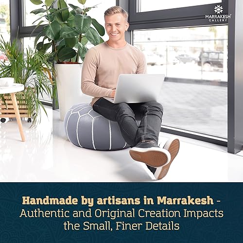 Miniatura 81 de Marrakesh Gallery - Funda de puf marroquí, otomana redonda y grande de piel, decoración bohemia para sala de estar, reposapies, sin relleno Marrón