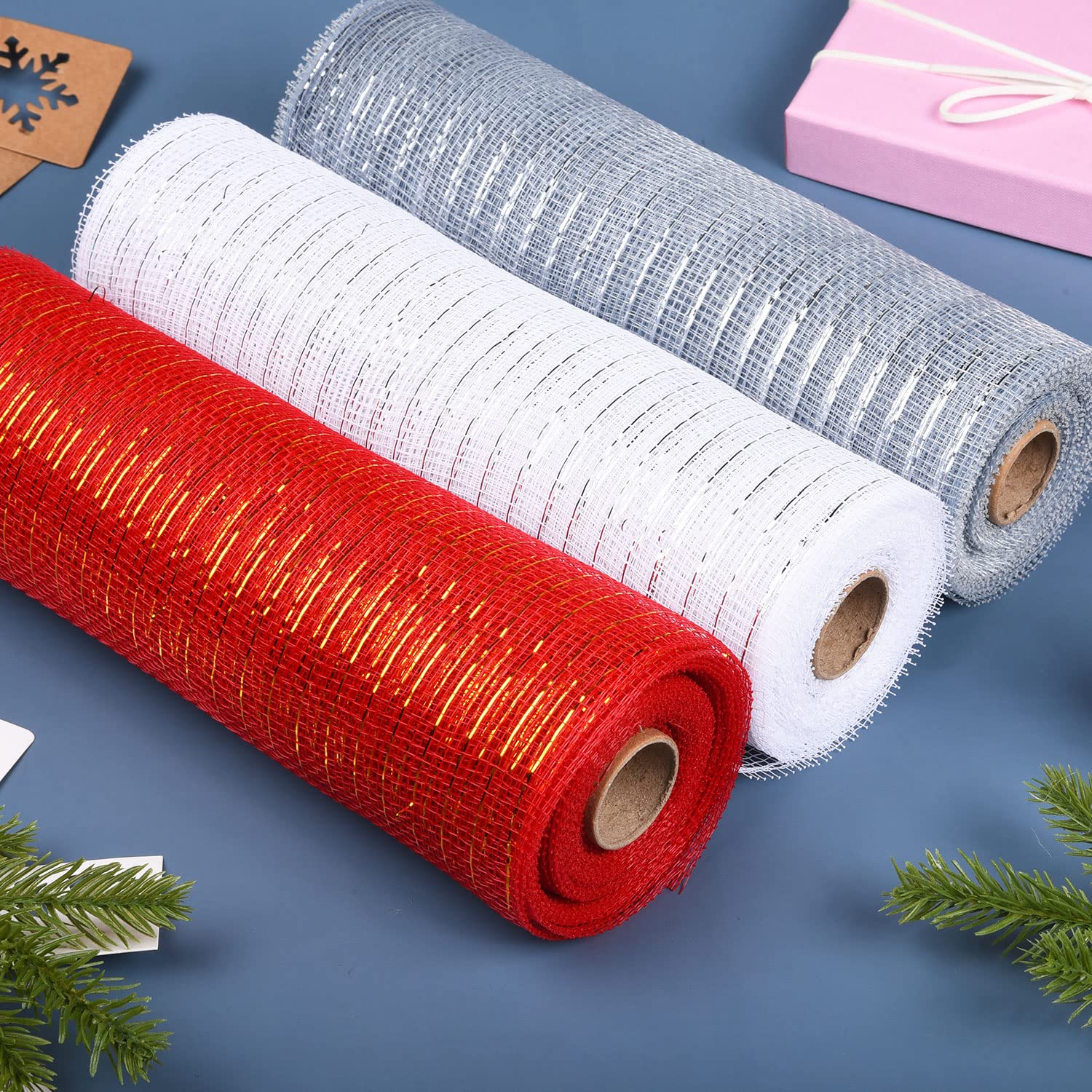 Jomnvo 10 Inch x 10 Yards White Christmas Deco Poly Mesh Ribbon Metallic Foil Deco Mesh Ribbon Christmas Party Decoration Wreath Making - Image 4