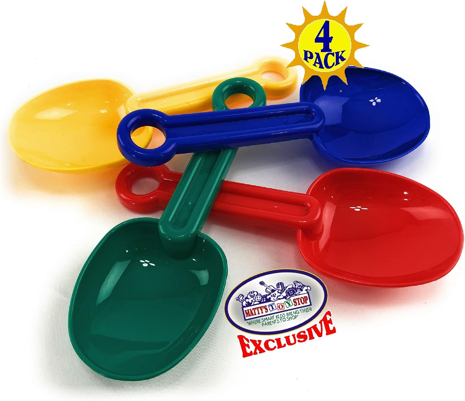 Matty's Toy Stop 8.5" Plastic Rounded Scoop Sand Shovels for Kids (Red, Blue, Green & Yellow) Complete Gift Set Party Bundle - 4 Pack