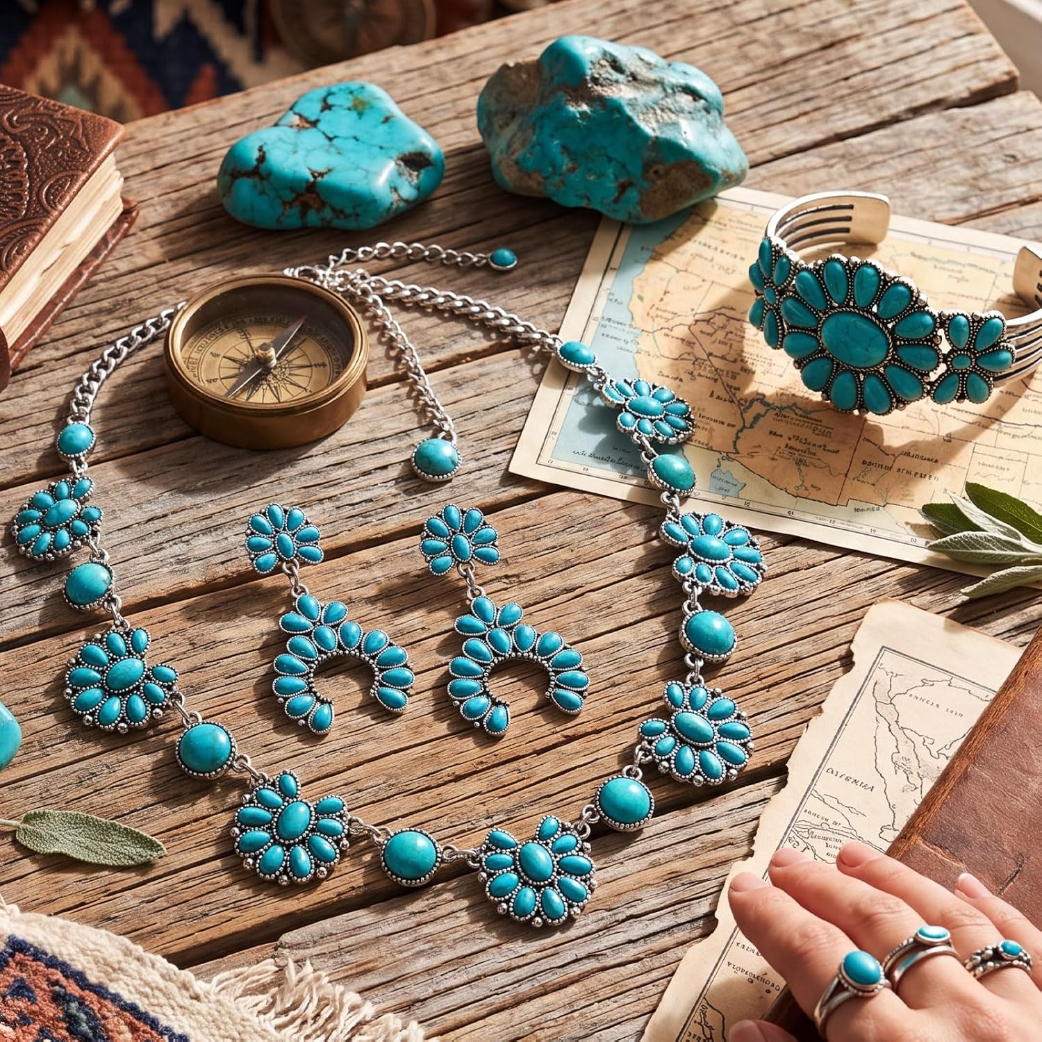 Ecally 3 Pcs Boho Turquoise Women's Jewelry Set, Necklace Earring Bracelet image 5