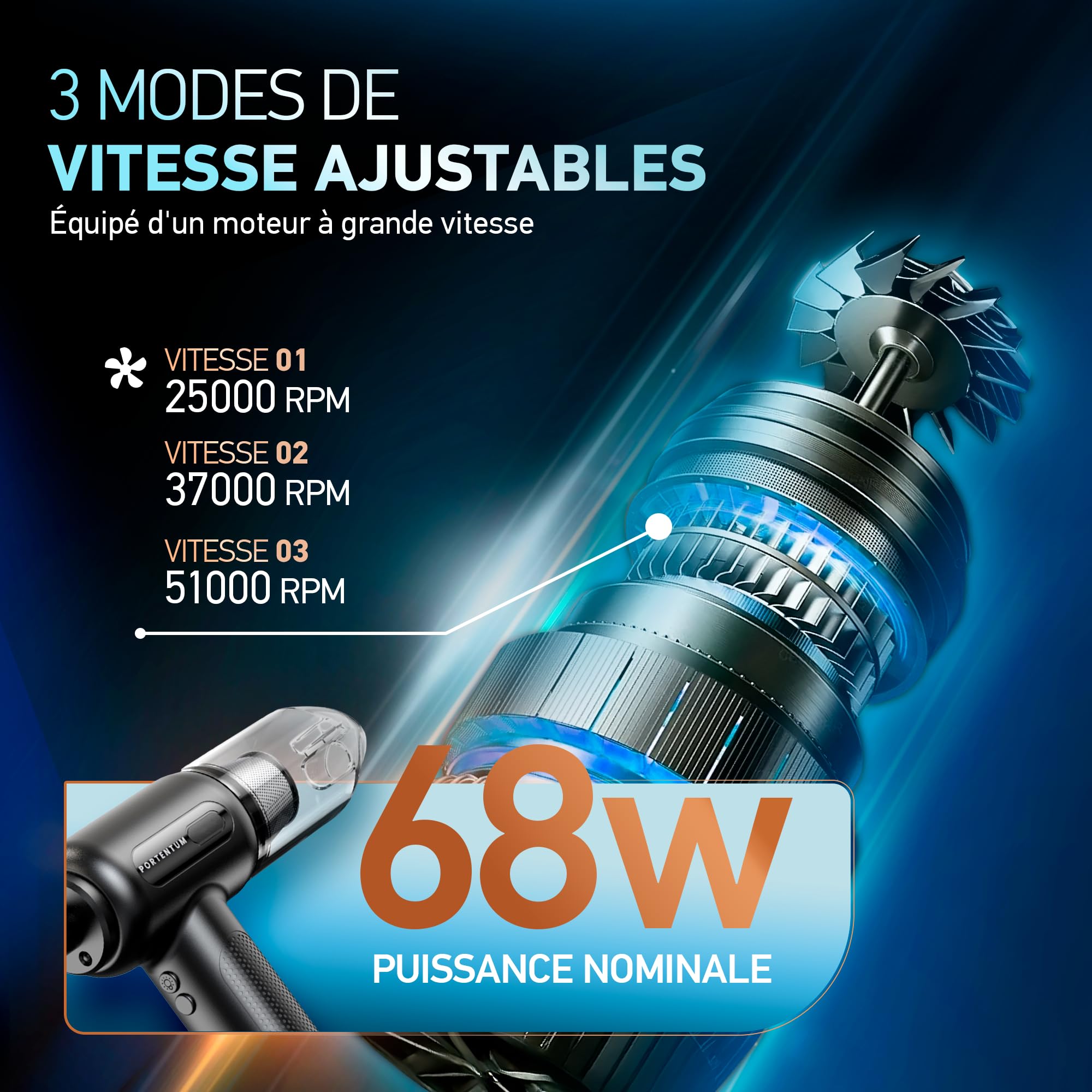 PORTENTUM 2 en 1 Aspirateur sans Fil et Souffleur Air Comprimé - Batterie, 3 Vitesses et Lumière LED - Aspirateur pour Voiture, Clavier, PC, Maison