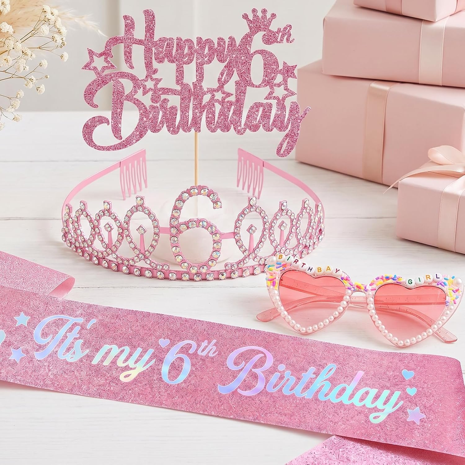 Kuxriox 6th Birthday Decorations for Girls, 6th Birthday Girl Crown Sash