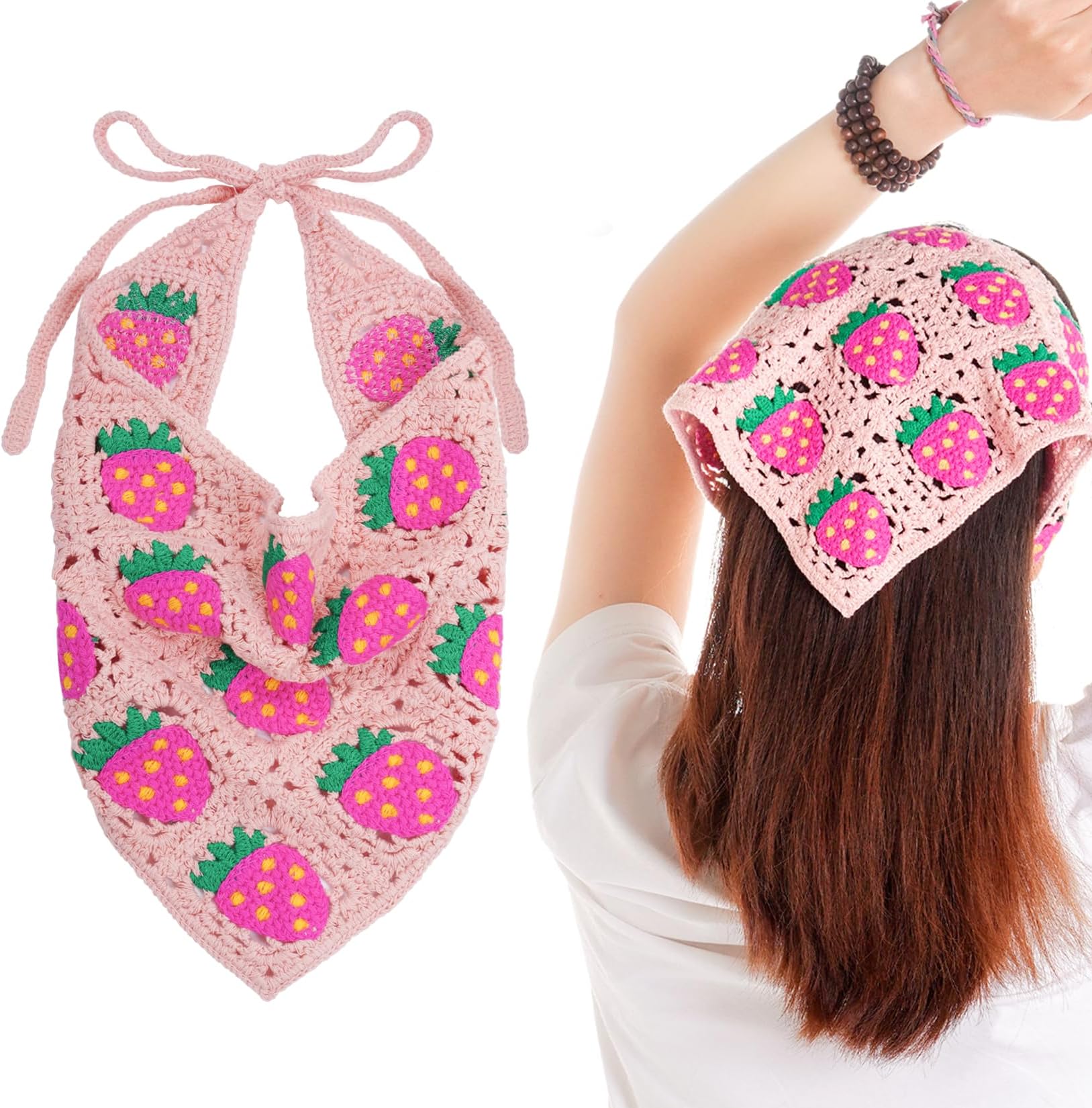 hoyuwak Pink Crochet Head Scarf Bandanas Headbands Hair Scarf for Women Girls Knitted Strawberry Head Coverings Hair Accessories for Hair Styling Decor