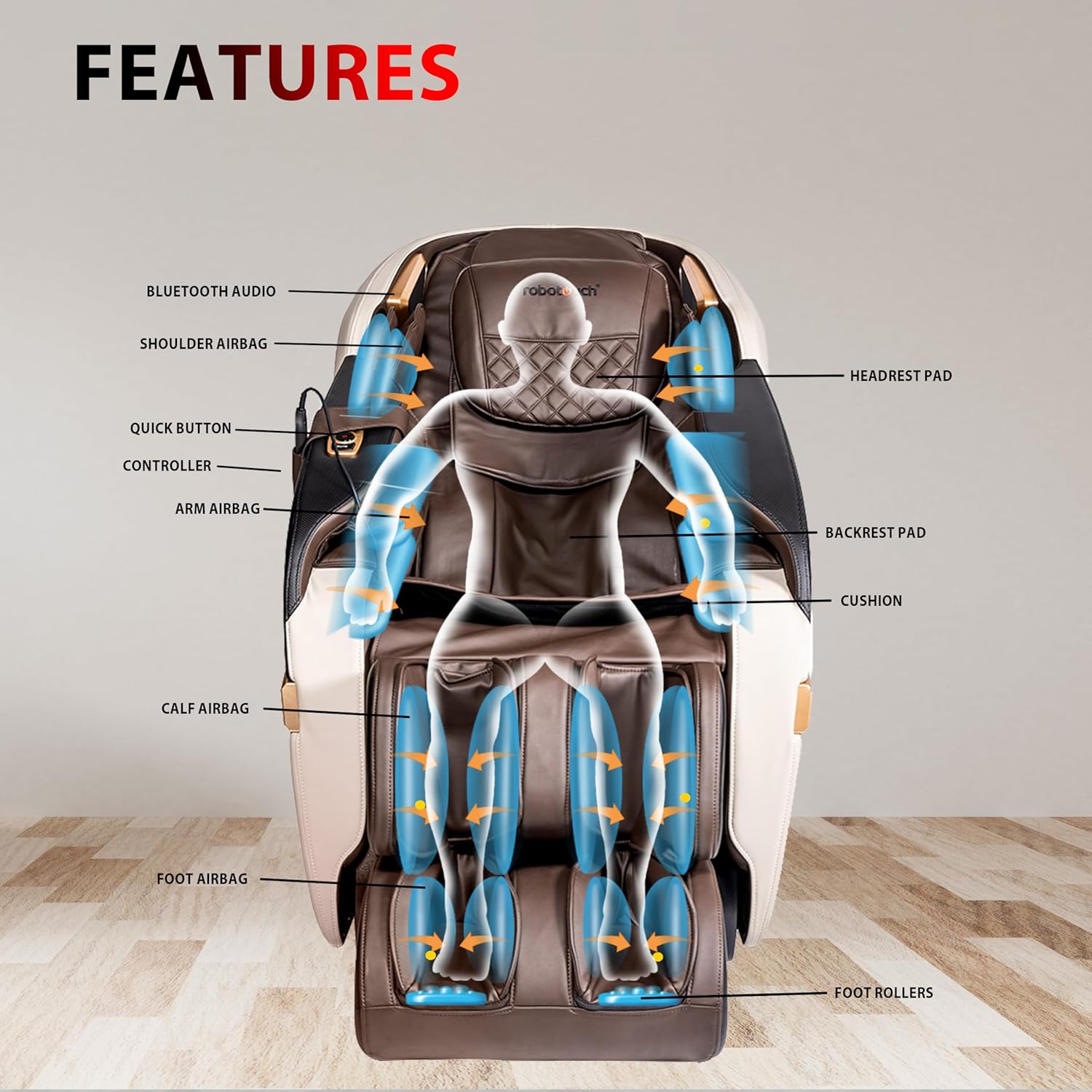RoboTouch Echo Pro Zero Gravity Full Body Massage Chair for Home use. Neck, Shoulder, Back Pain Relief| Body Stretch, Rollers, Heating, kneading, Back Rest (Brown+Beige) RoboTouch Echo Pro Zero Gravity Full Body Massage Chair for Home use. Neck, Shoulder, Back Pain Relief| Body Stretch, Rollers, Heating, kneading, Back Rest (Brown+Beige)
