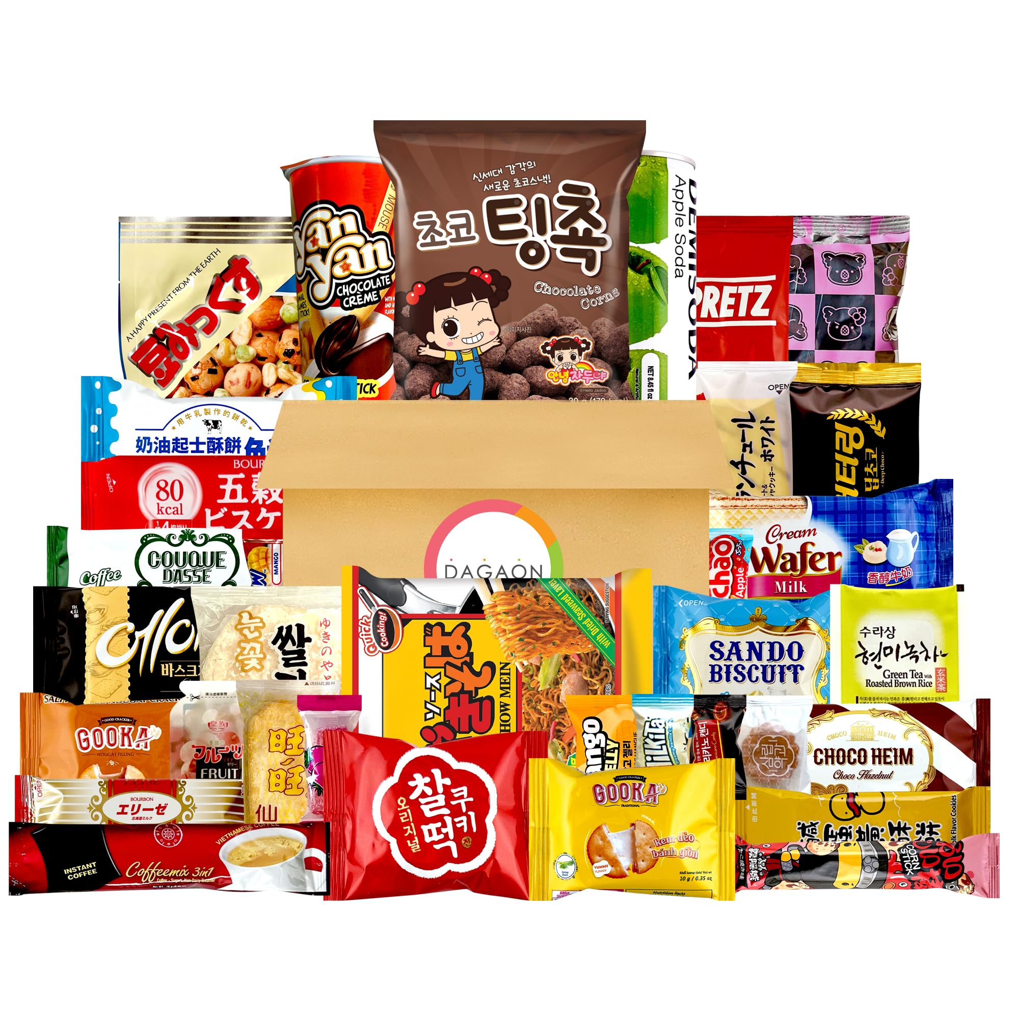 Dagaon Asian Snack Box 34 Count – Assortment of Snacks Including Ramen, Chips, Biscuits, Cookies, Pies, Candies and Much More from Korea, Japan, China, Indonesia, Taiwan, Vietnam, Etc.