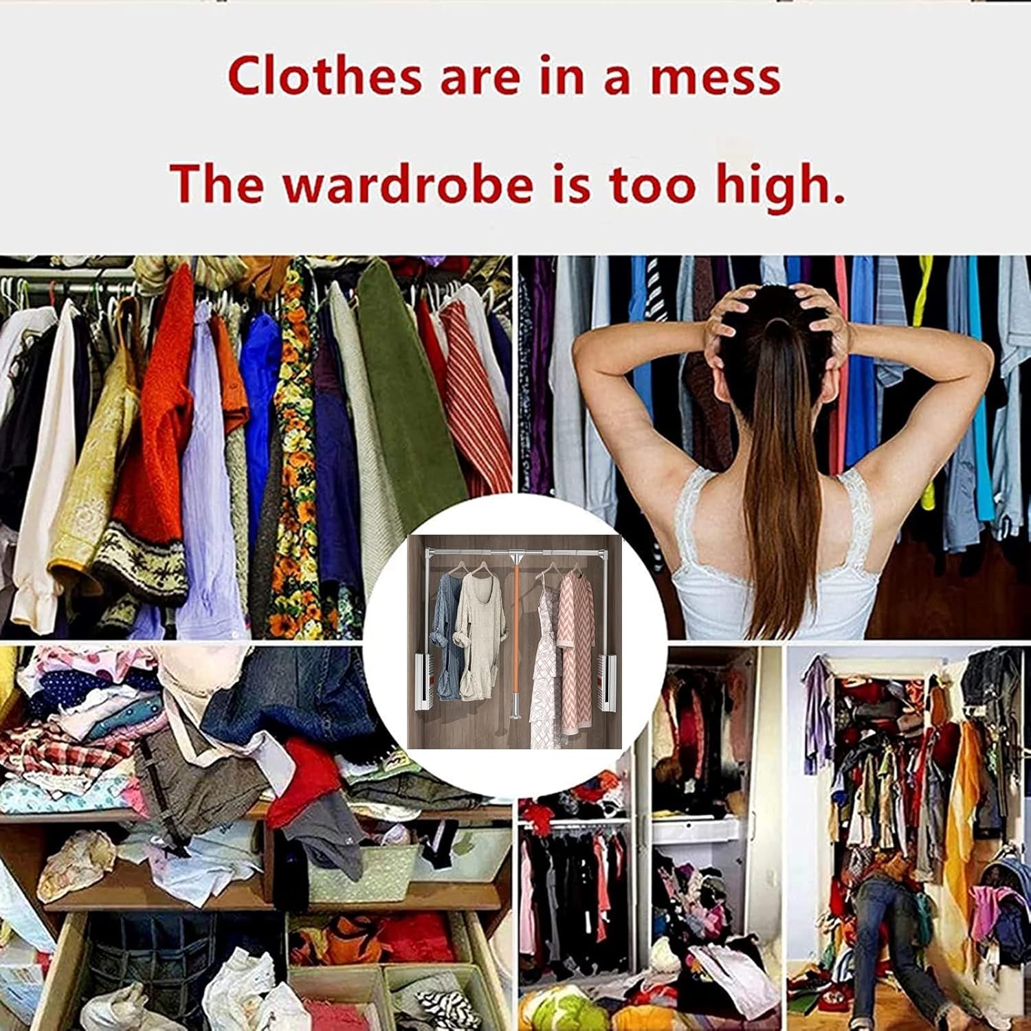 Pull Down Closet Rod - Adjustable Wardrobe Organizer for Hanging Clothes