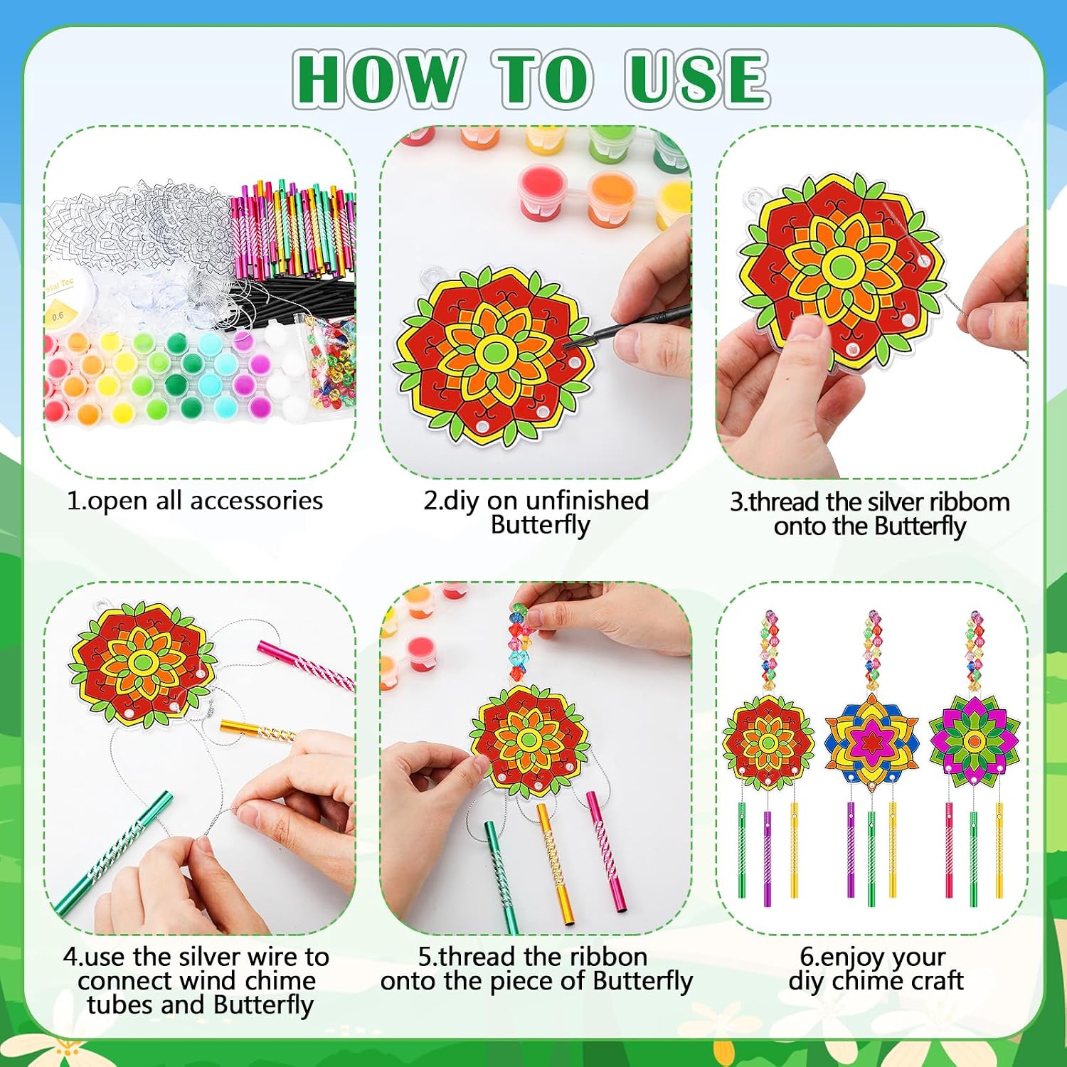VioraWhite 24 Sets Summer Mandala Suncatchers Crafts Kit Easter Holi Stained Glass DIY Window Ornament Drawing Craft Window Art Paint Your Own Wind Chimes Craft for Party Activity Project Home Decor