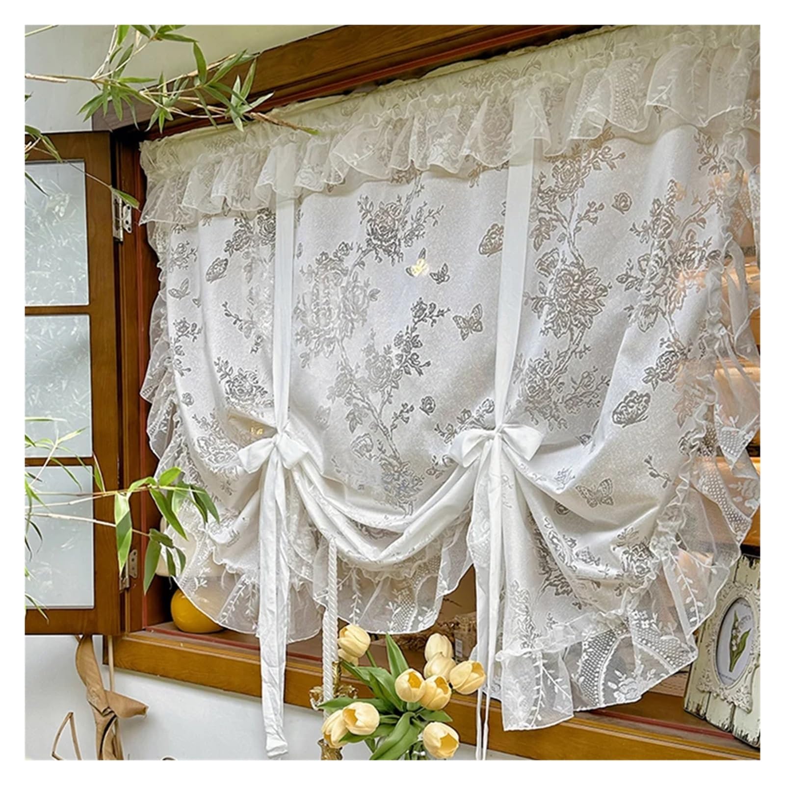 DFGRGRV Ruffle Curtains Romantic Rose Ruffle Curtains Translucent Lace Adjustable Bedroom Kitchen Balcony Windows Half(W150xH100CM-1PC)
