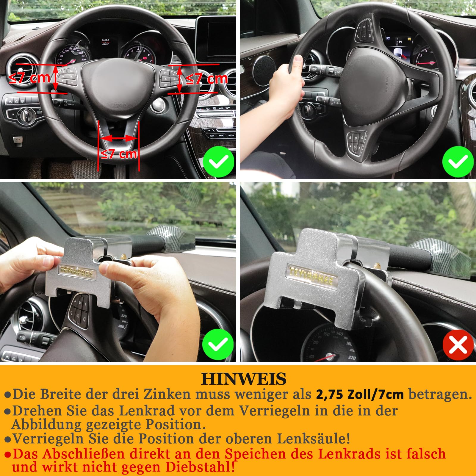 Tevlaphee Riegel Lenkradkralle mit Alarm, 120dB, Lenkradschloss, Lenkradsperre, Lenkradkralle für Auto, Einziehbare, Universelle Passform, Silber