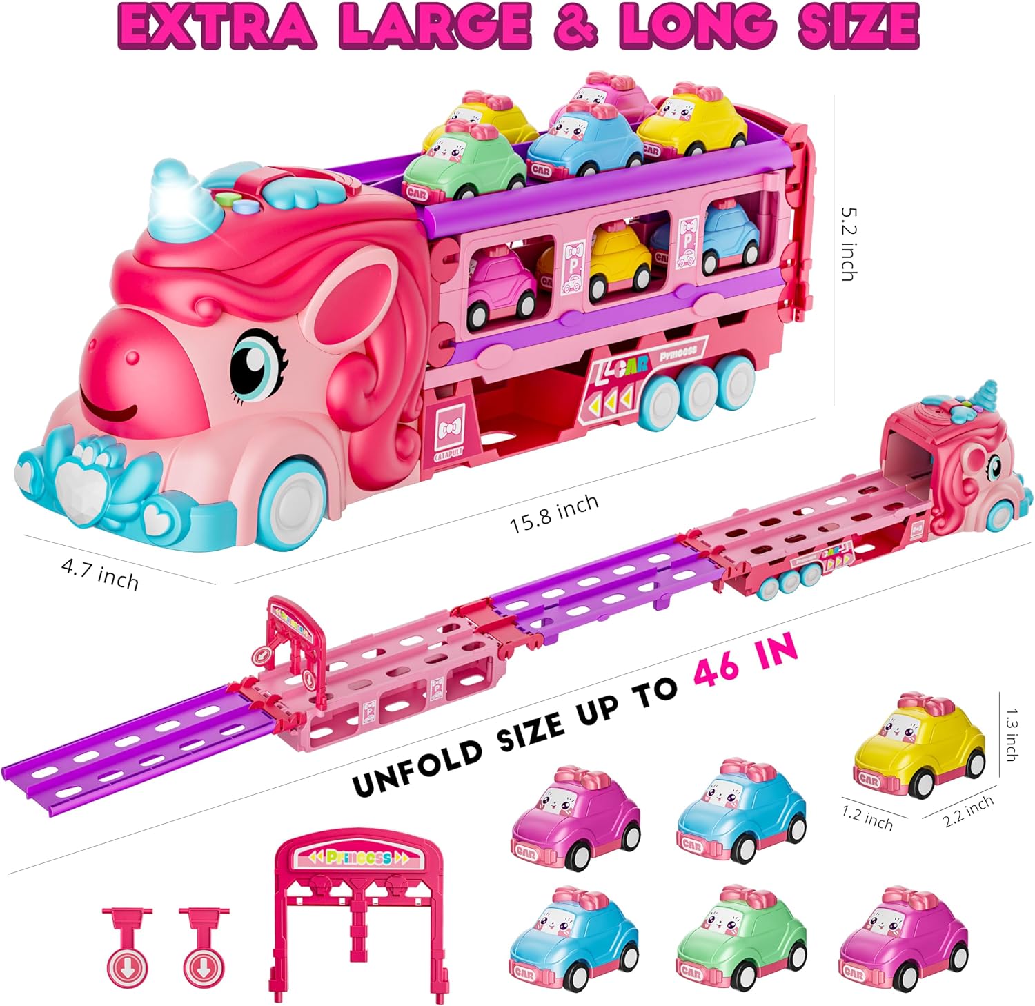 Unicorn Car Toys for 1-3 Girls, Unicorn Transport Truck Track Set W/Light & Sound, Friction Power Toy Cars W/ 6 Princess Cars, Foldable Track & Race Mode, Birthday Gift Idea for 2-4 5 6+ Toddler Kids.