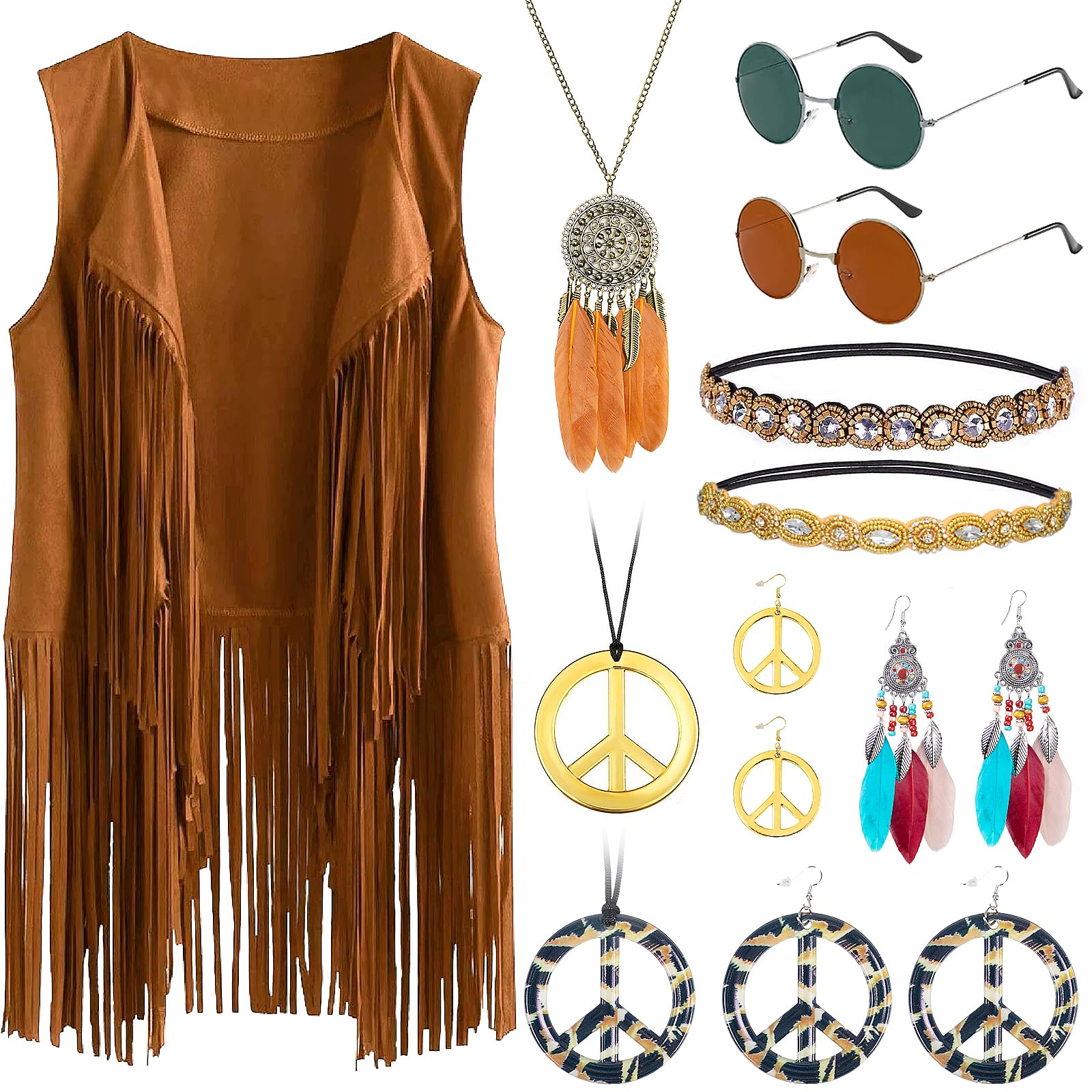13Pcs Hippie Accessories Set for Women, 60s 70s Costumes Outfits, Hippie Costume Accessories with Fringe Vest Boho Headband Retro Glasses, Hippy Fancy Dress for 70s Outfits Halloween Carnival