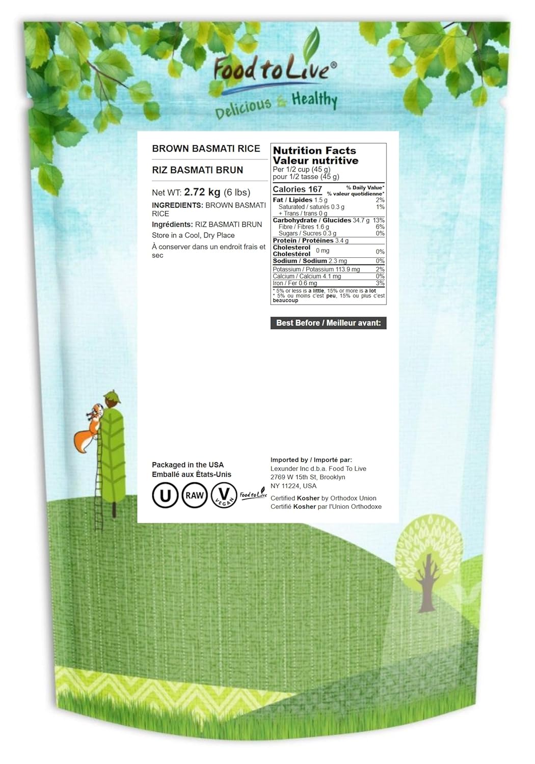 Food to Live Brown Basmati Rice, 6 Pounds – Whole Grain, Long-Grain Rice Variety, Fragrant, Kosher, Vegan. Less Starch. High in Dietary Fiber. Great for Making Stir-Fries, Curries, and Pilafs.