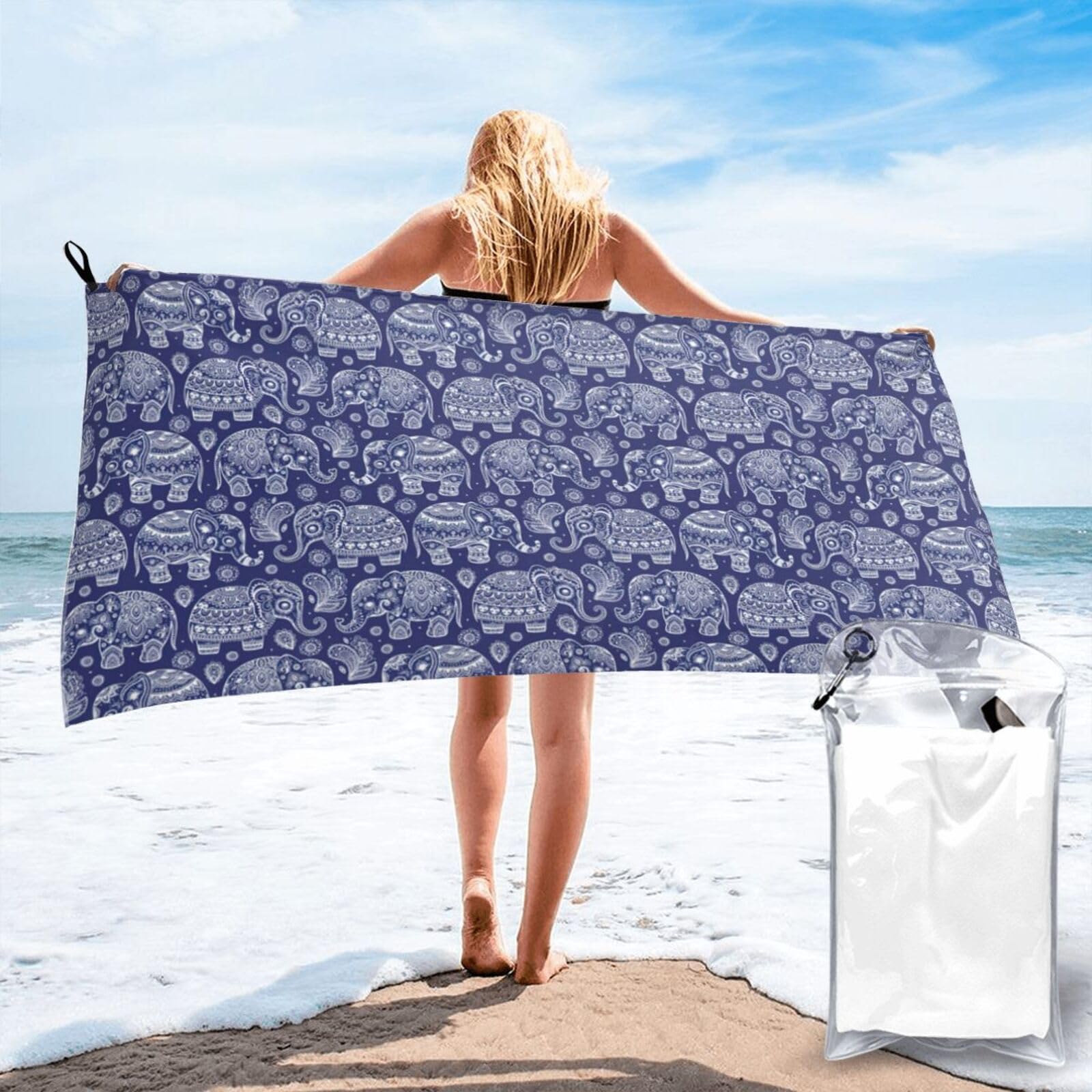 SDEGTHO Boho Elephant Print Beach Towel Quick Dry Portable For Swimming Yoga Adults Fitness