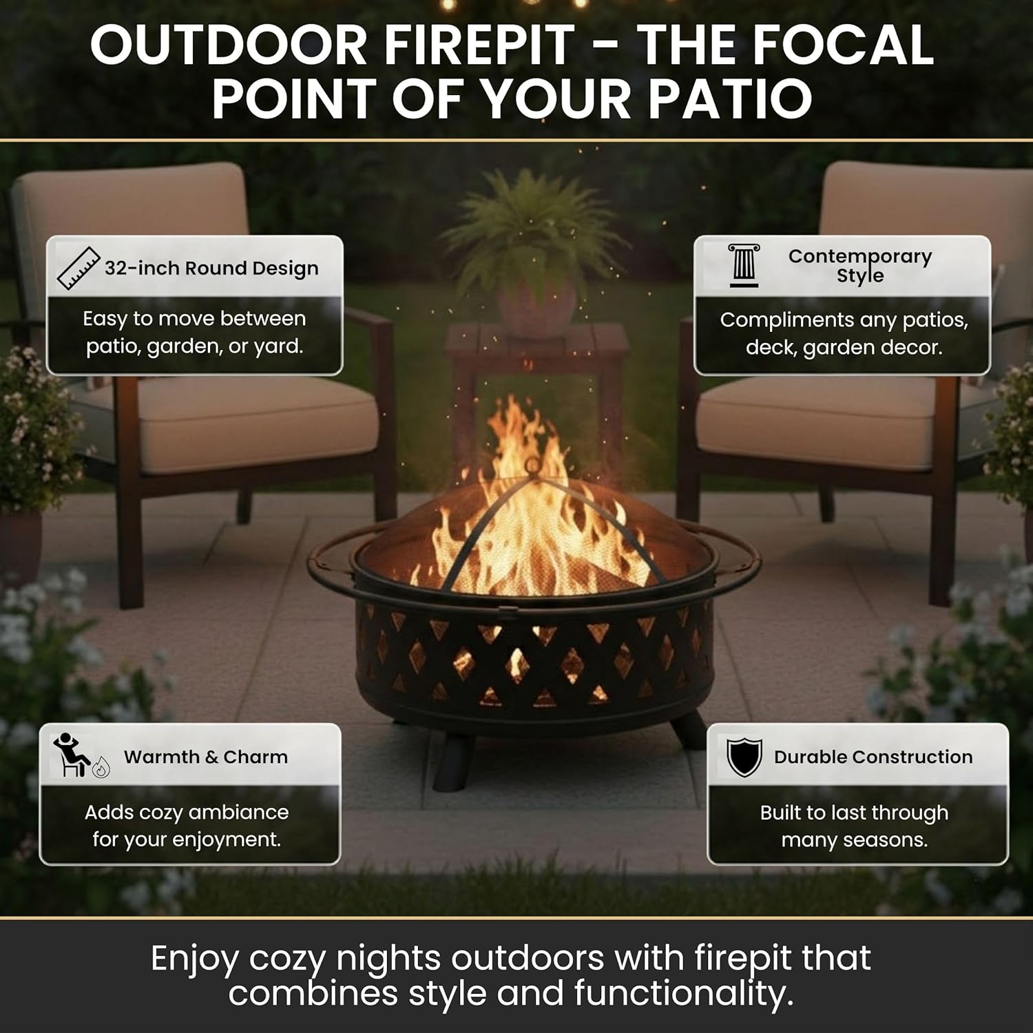 Fire Pit - 32-Inch Outdoor Wood Burning Firepit with Screen, Poker, and Cover - Outdoor Fire Pits for Backyard, Deck, or Patio by Pure Garden (Black)