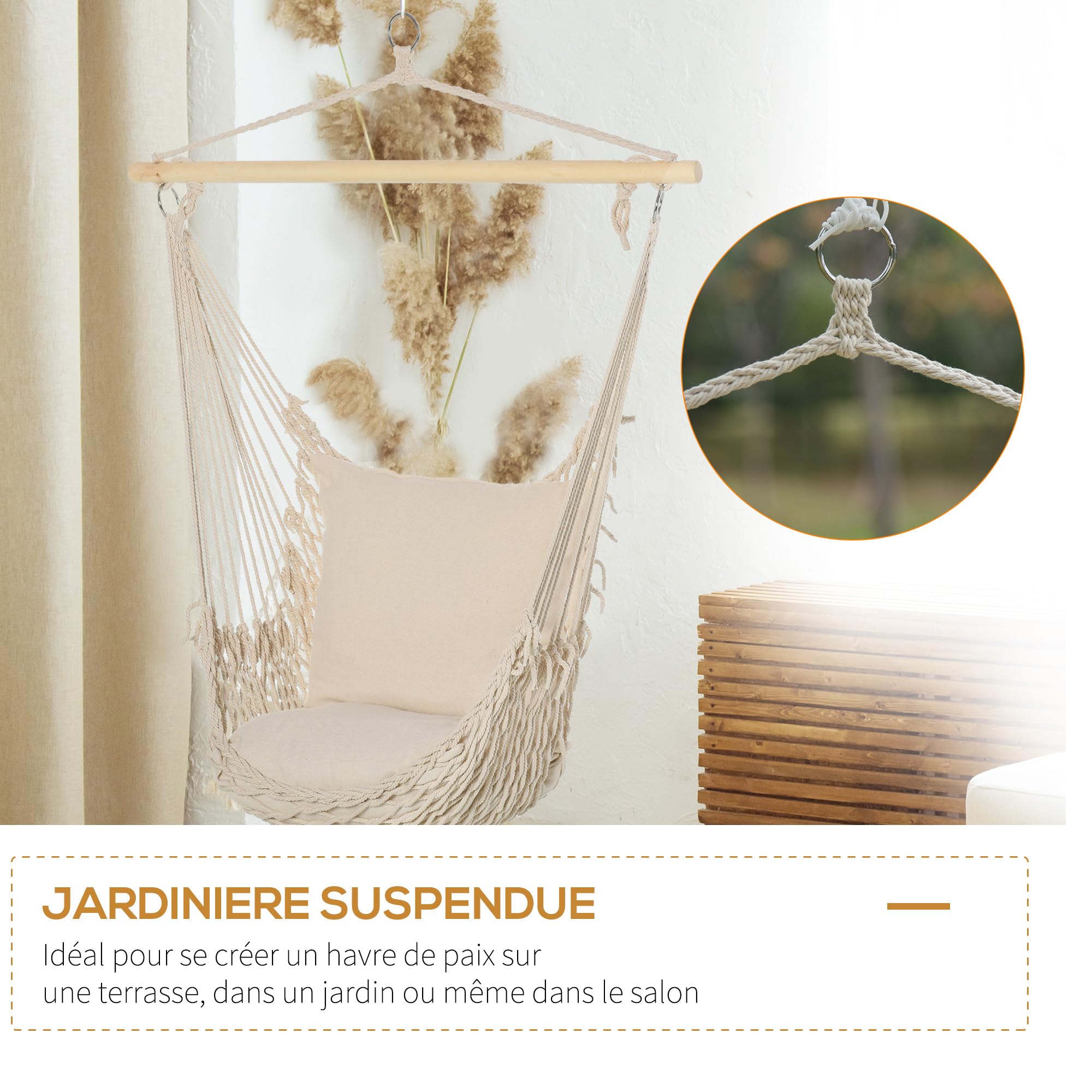Outsunny Fauteuil Suspendu extérieur et intérieur, Chaise Suspendue Portable avec Coussins, Tissage en Coton, siège Suspendu extérieur, Chaise hamac balançoire, Charge 120 Kg, Blanc