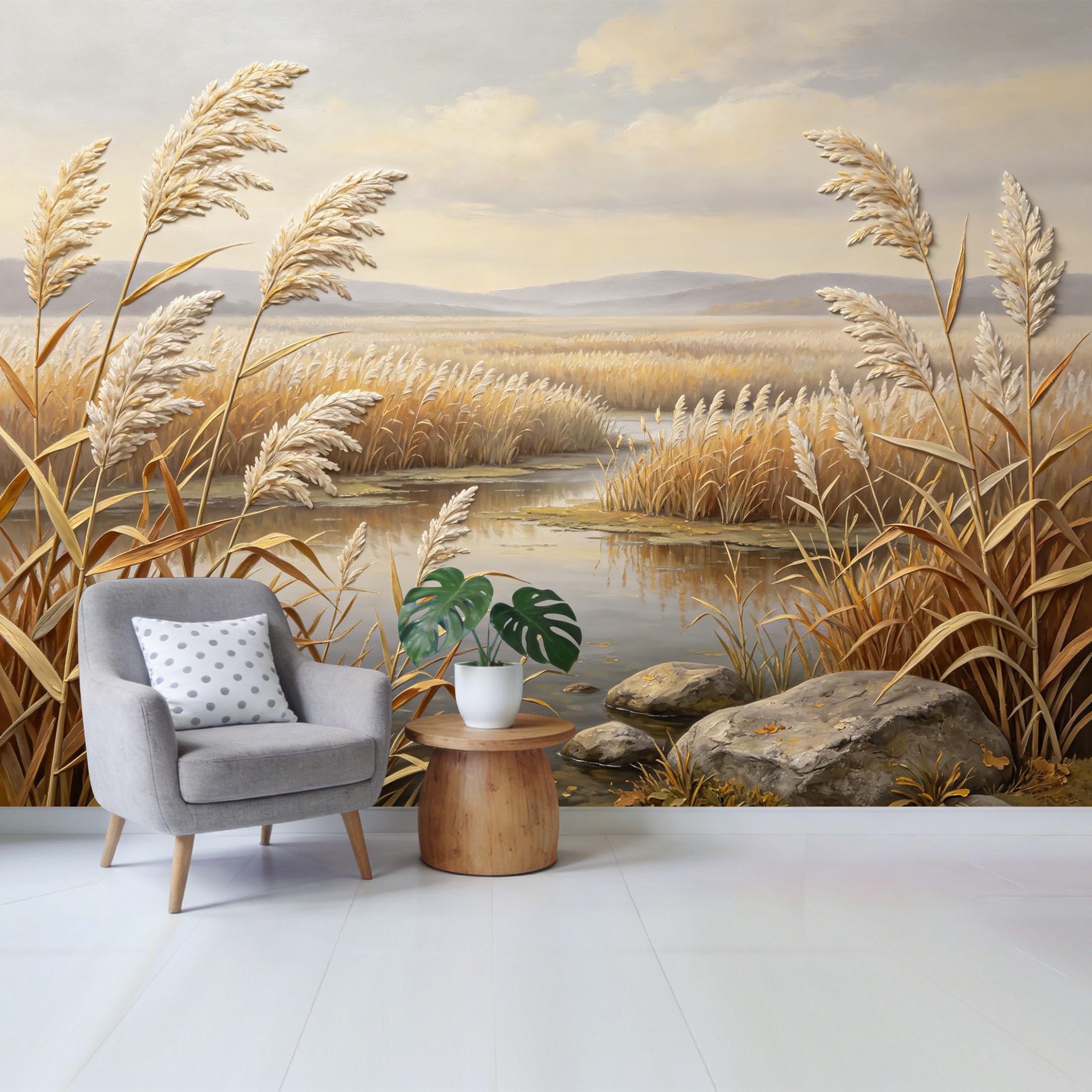 Qzlithotic Yq2605250530 Custom Size Wall Mural Golden Reed Wetland Landscape Oil Painting Style Selfadhesive Wall Fabric Removable Wallpaper For Home Office Decor